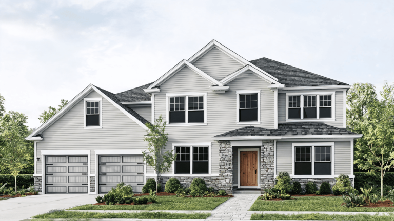 Gray exterior house paint ideas featuring a light gray home with dark trims, stone accents, and natural wood details.