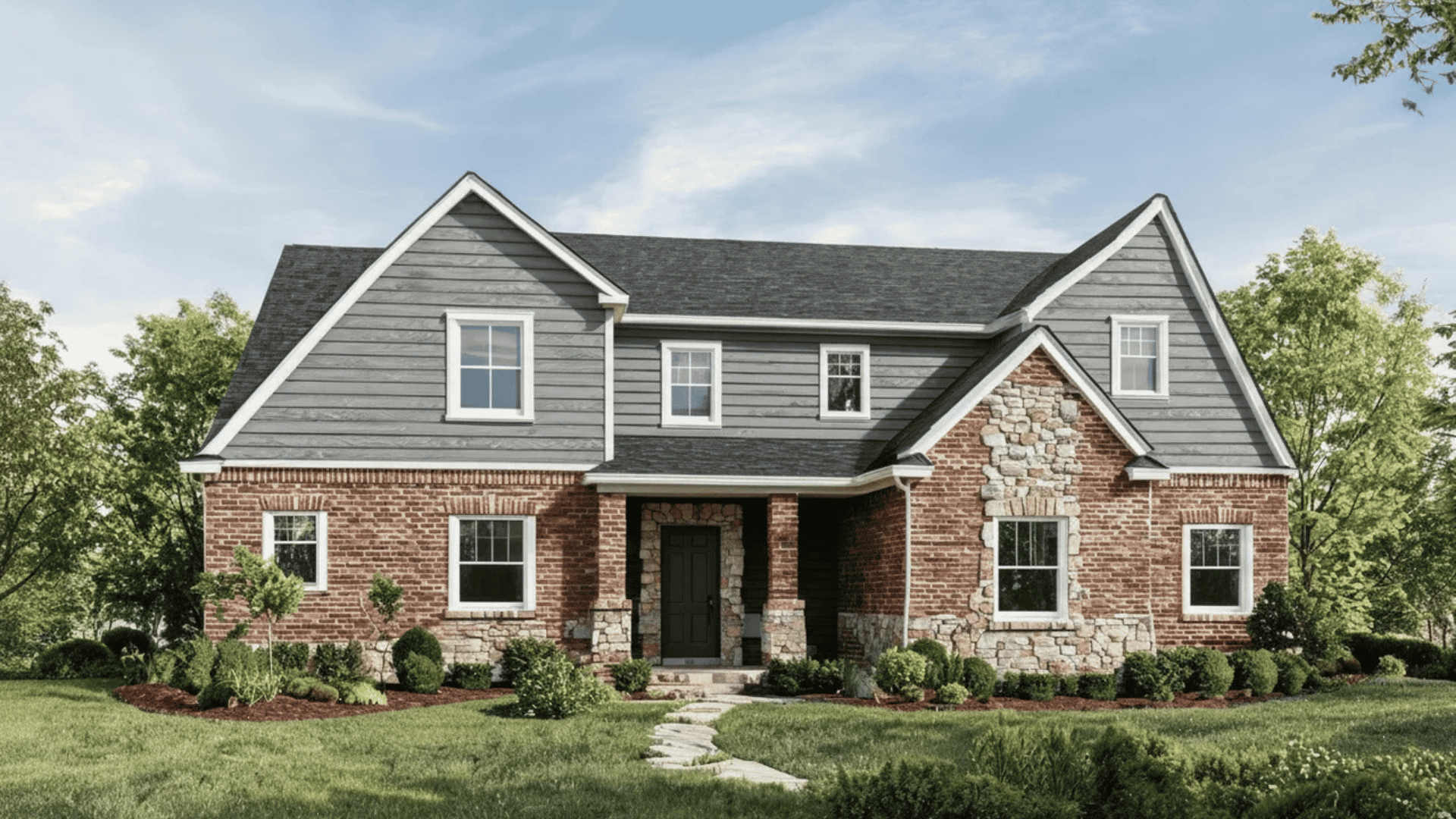 Gray house exterior with brick and stone accents creating a textured balanced design.