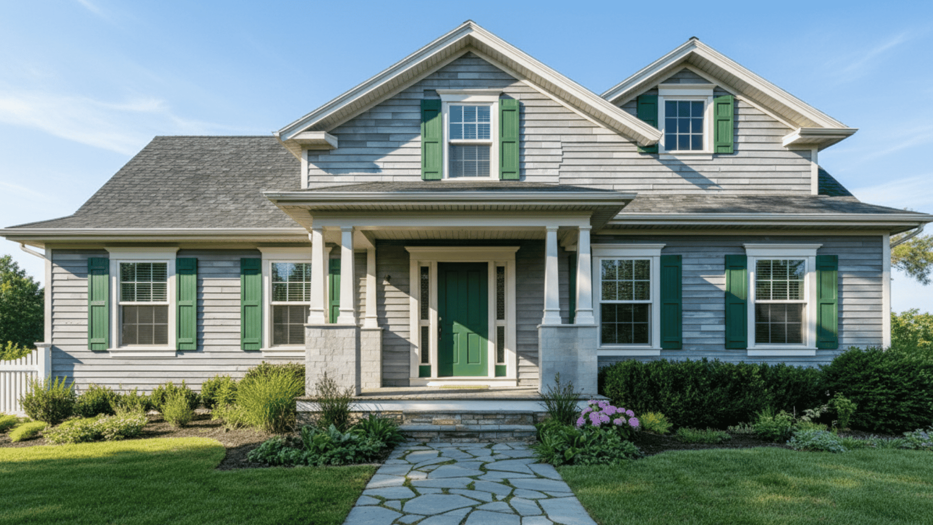 Gray craftsman home exterior with deep green accents, shutters, and landscaped surroundings.