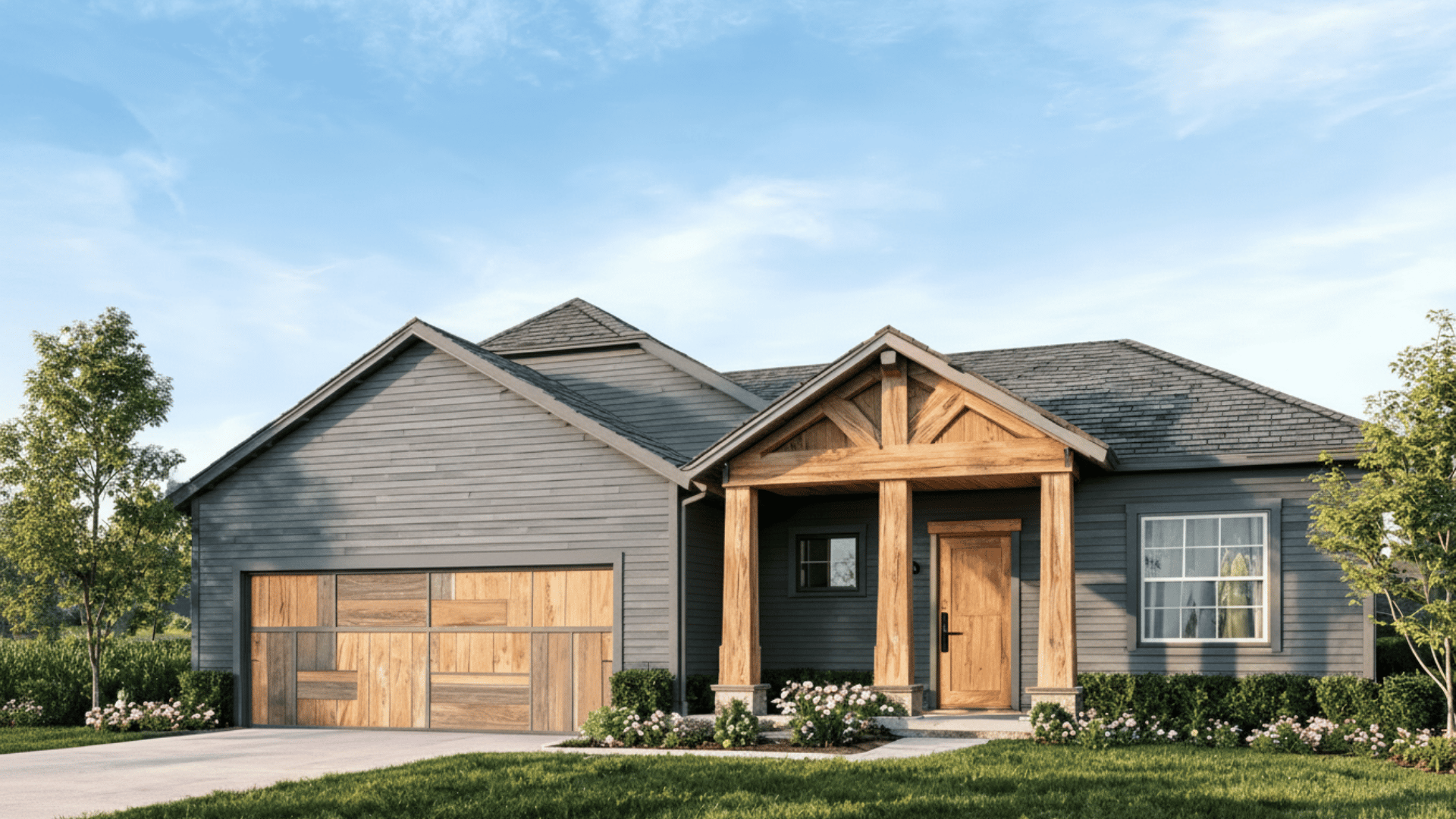 Gray home exterior featuring natural wood door, garage panels, and warm accent details.