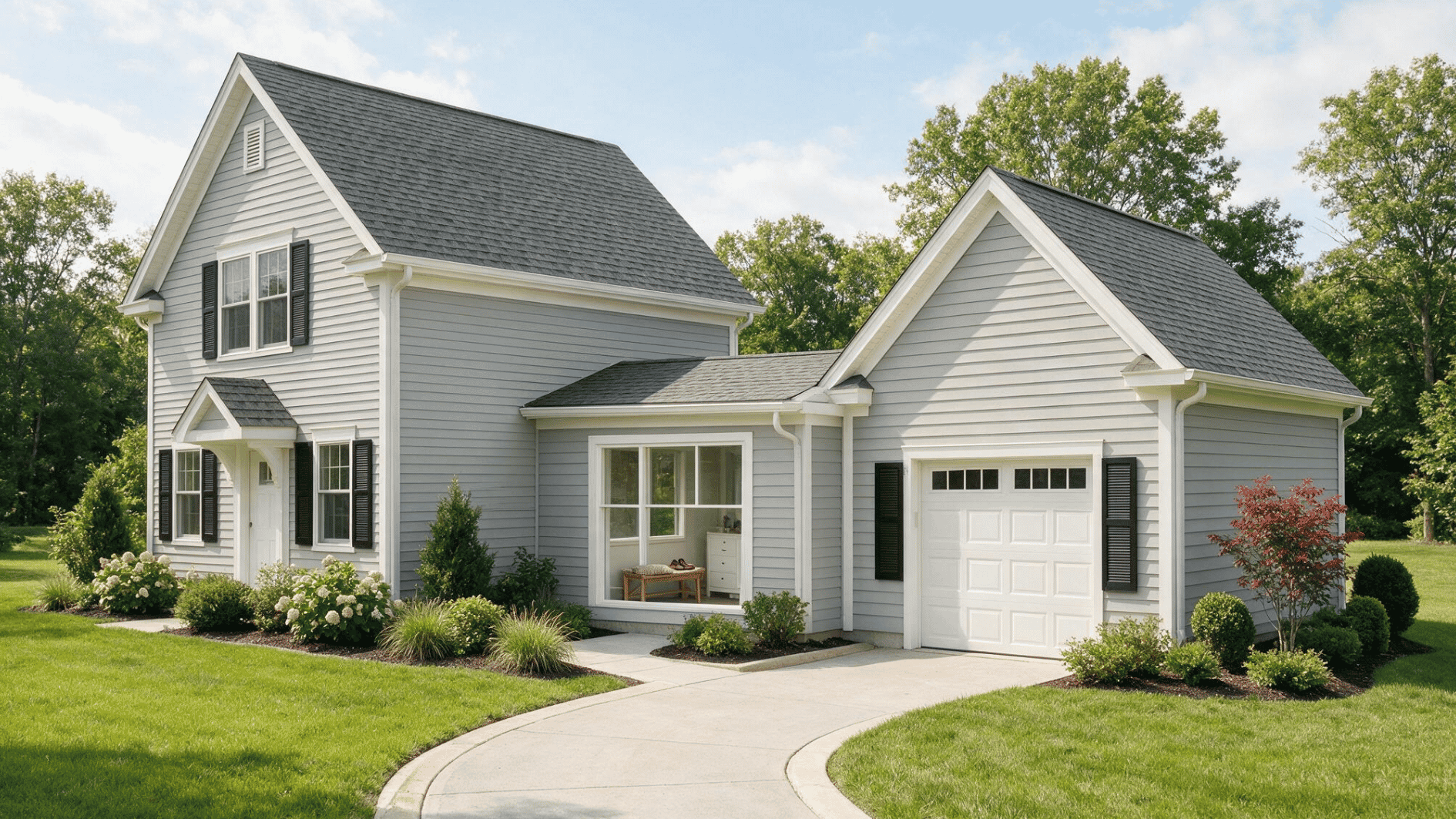 gray home linked to a single car garage by a bright enclosed mudroom with lawns shrubs and the curved driveway