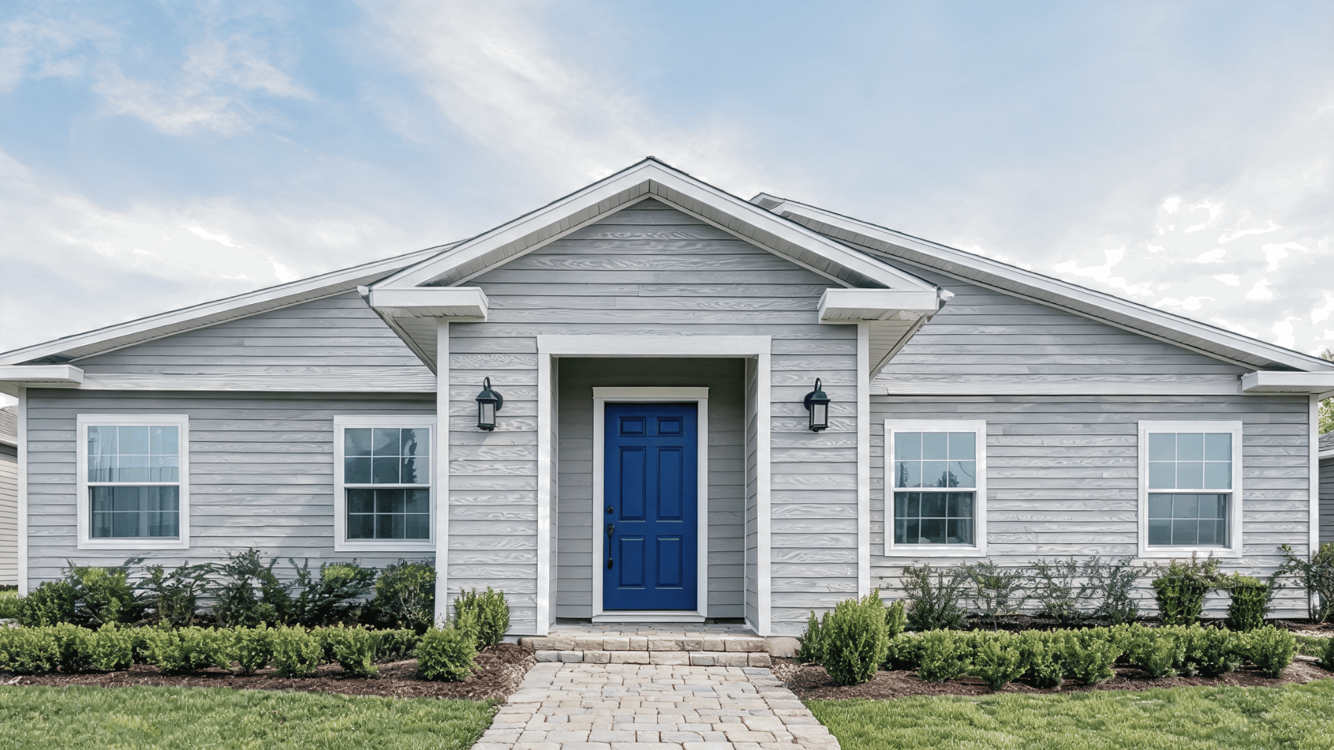 Gray house exterior with a bold front door adding a colorful focal point.