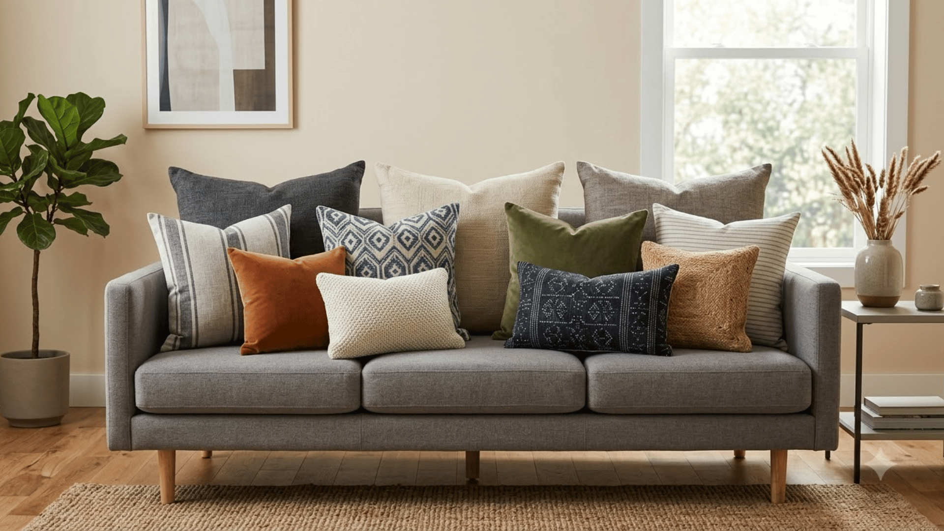 Gray sofa with layered decorative pillows, indoor plant, framed artwork, and cozy neutral living room decor.