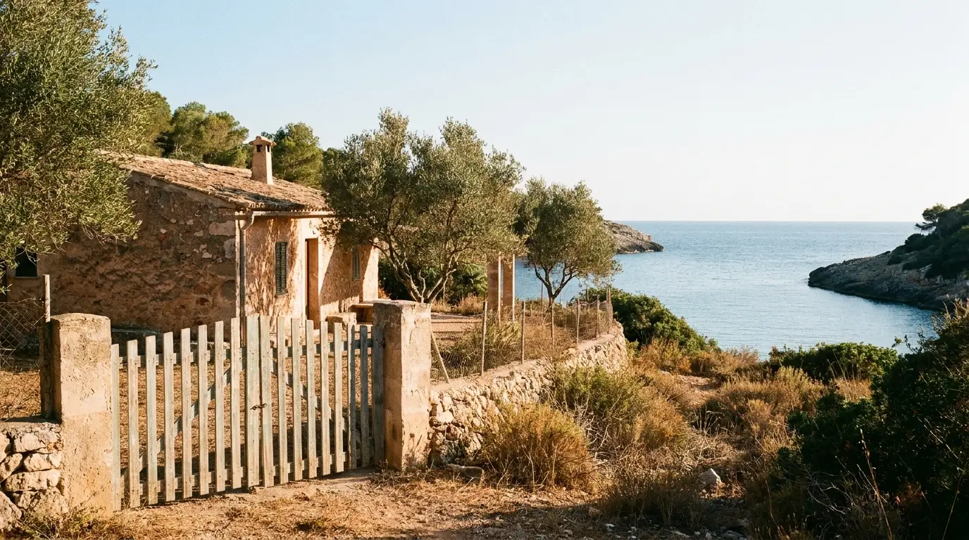 Rustic stone house with wooden gate, surrounded by trees, facing the sea in a coastal setting
