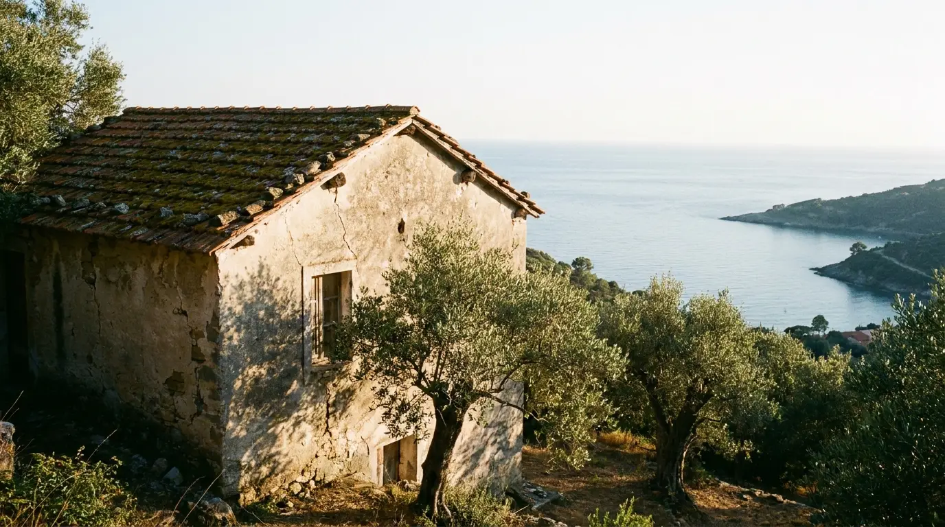 Old stone house surrounded by olive trees overlooking the sea under soft sunlight