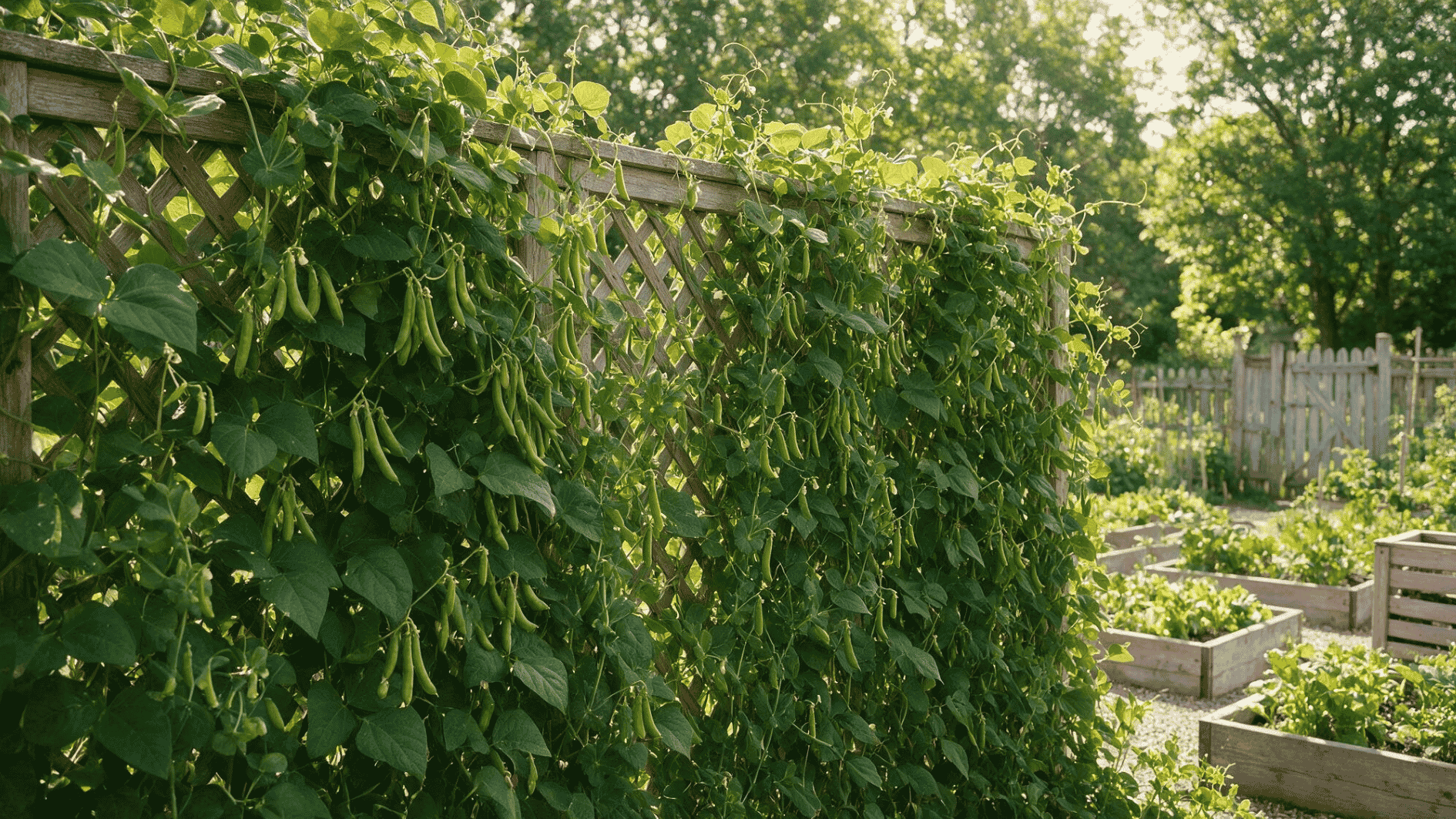 green bean vines growing across a wooden garden trellis beside a raised vegetable beds in warm golden sunlight