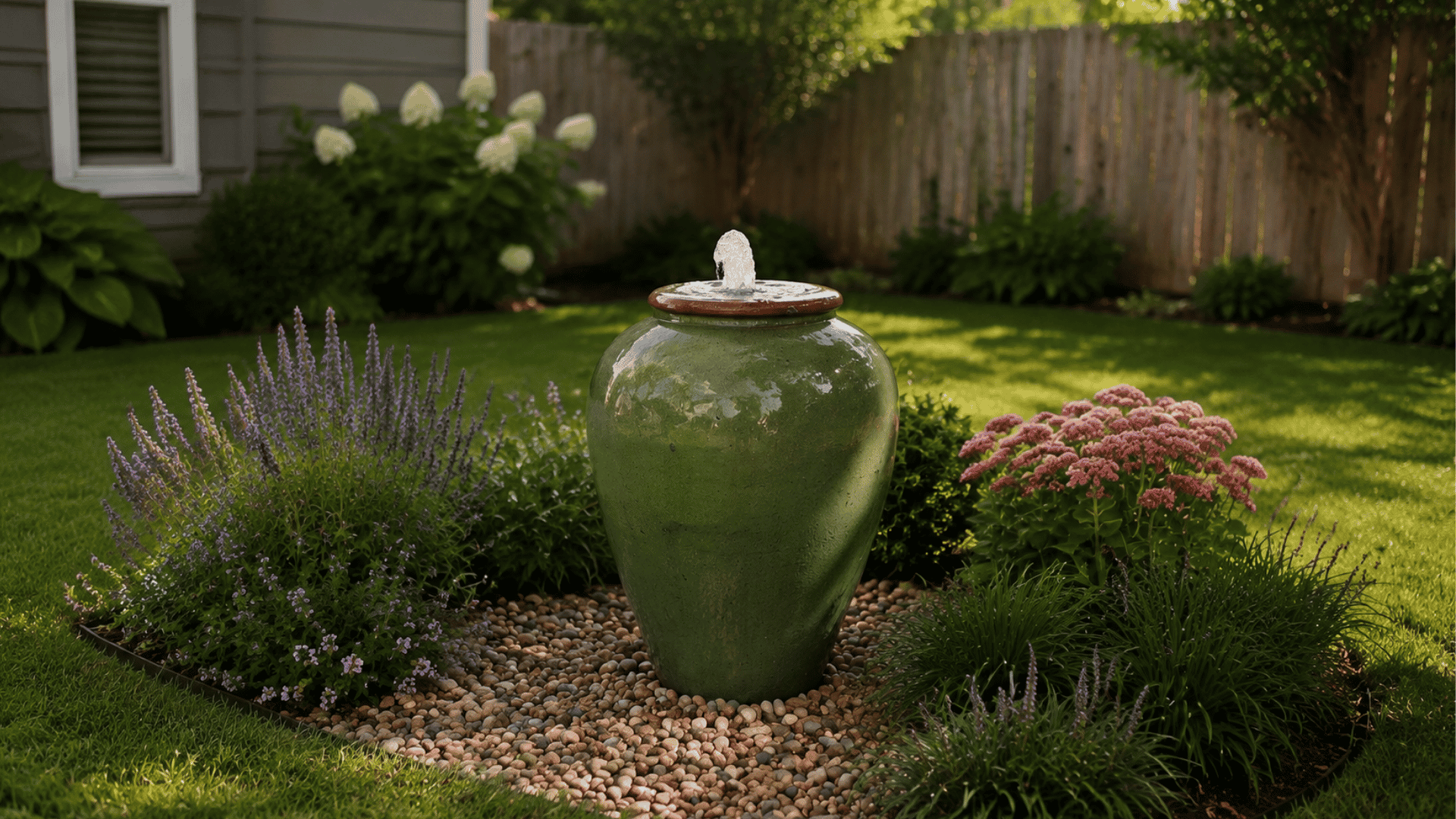 green ceramic urn fountain bubbling on pebbles amid garden flowers and lawn (1)