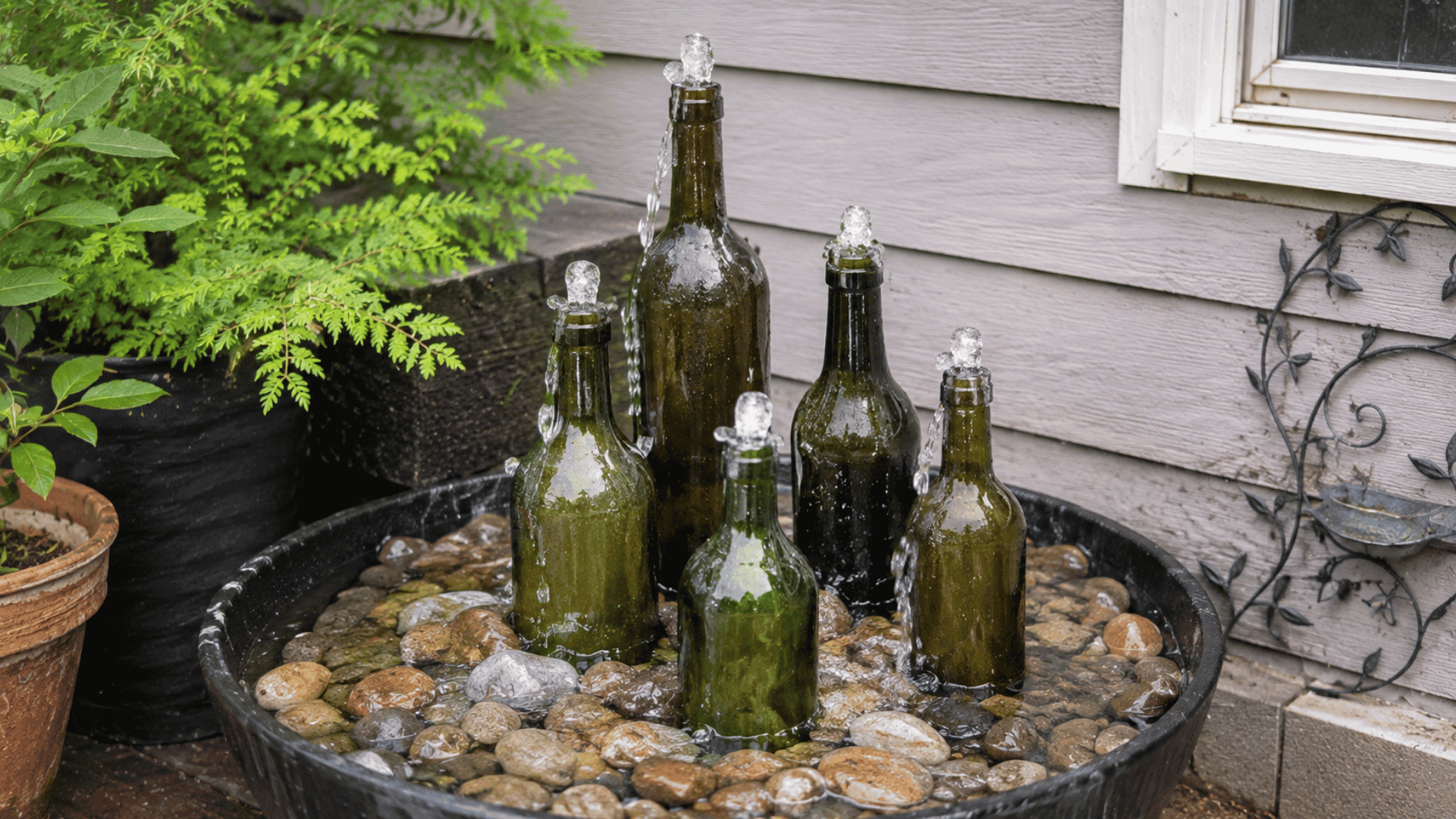 green glass wine bottles bubbling water in stone filled basin on patio