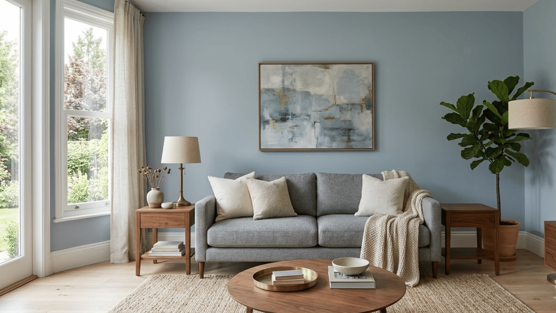 grey sofa against a blue grey wall with warm wood and cream decor