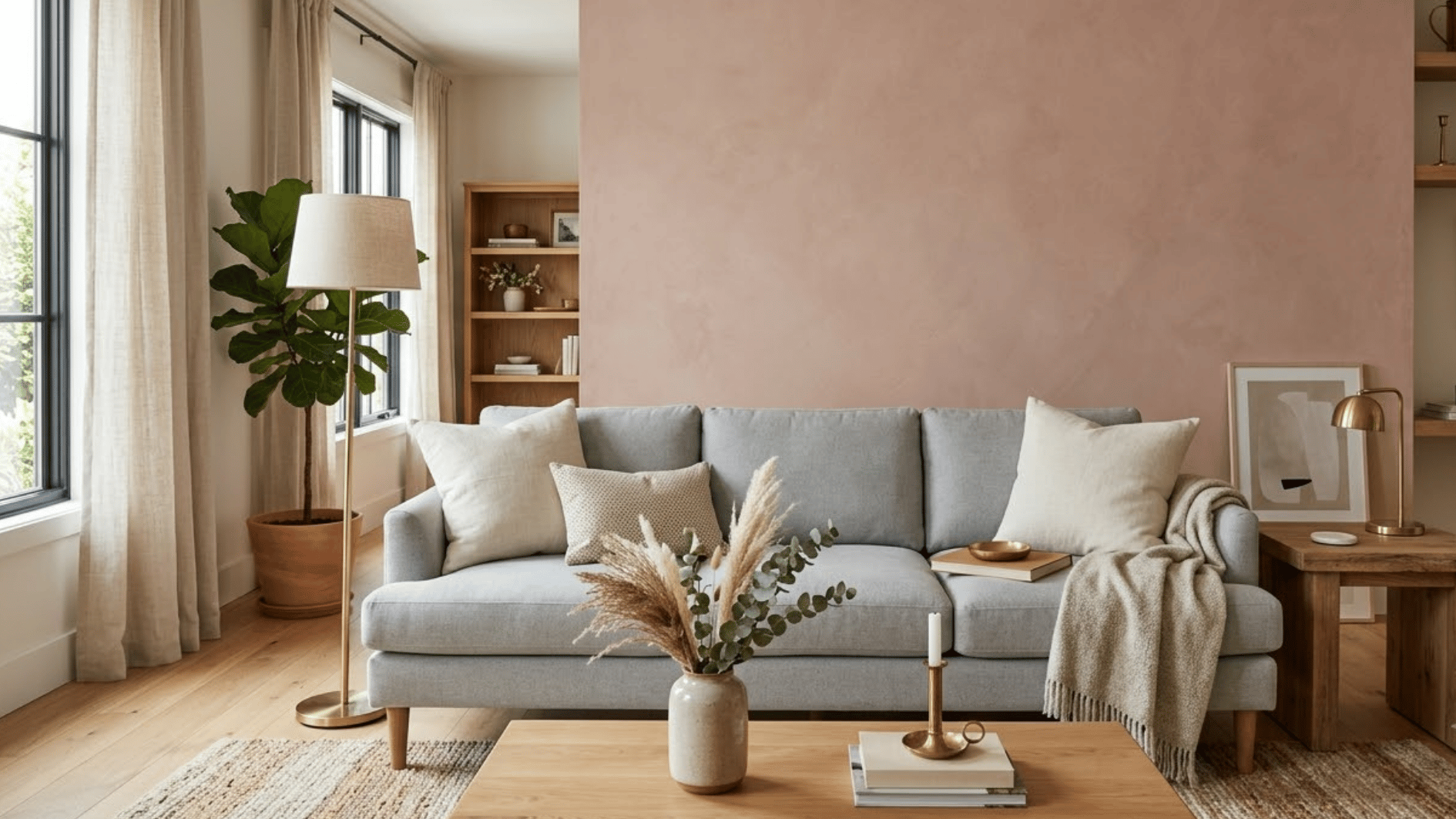 grey sofa against a dusty pink wall with warm wood and brass decor