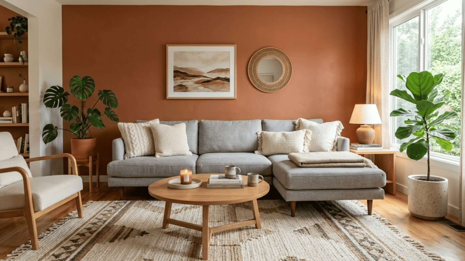 grey sofa against a terracotta wall in a warm modern living room with plants and wooden furniture