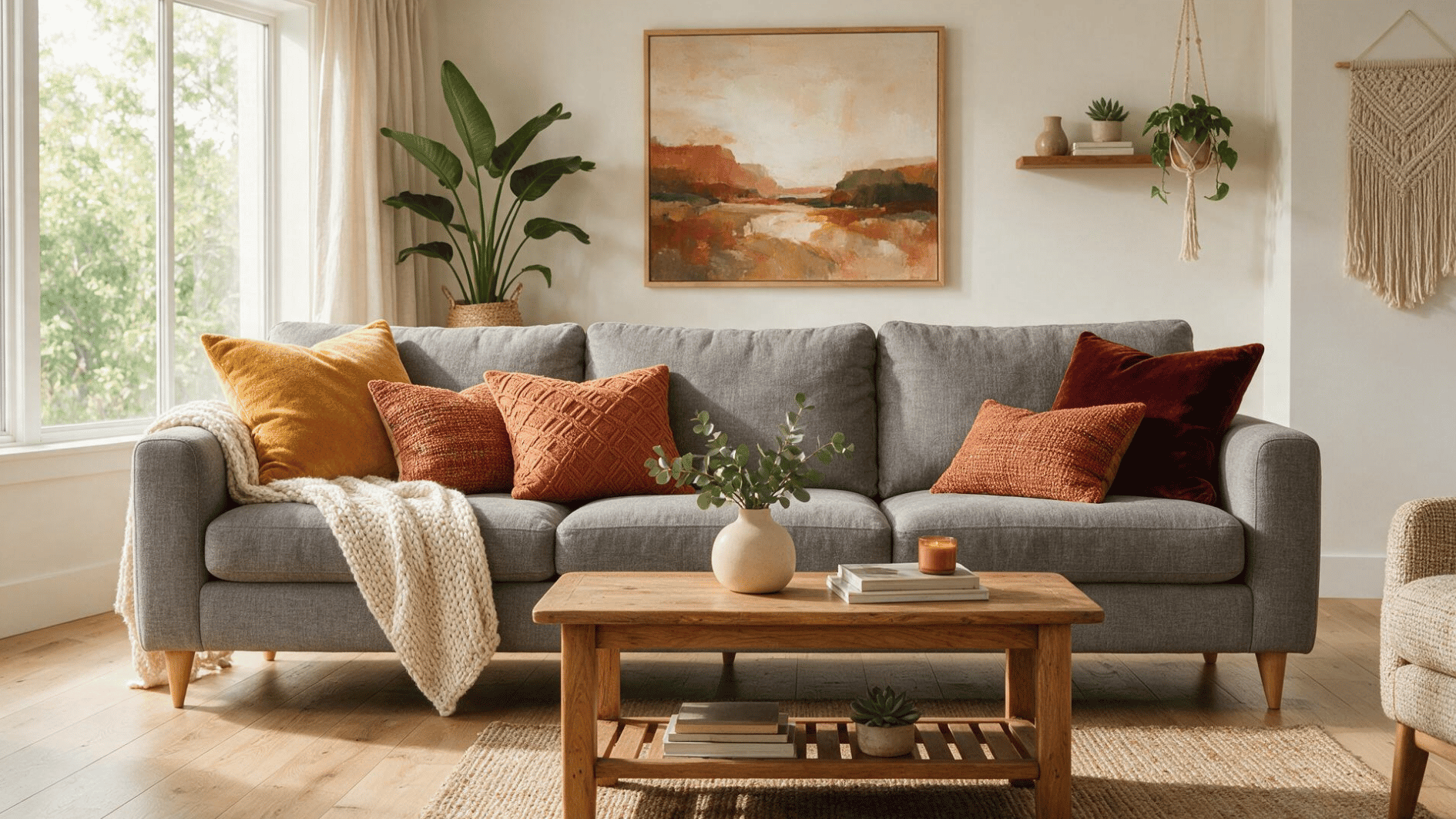 grey sofa styled with mustard rust and terracotta accents in a warm living room