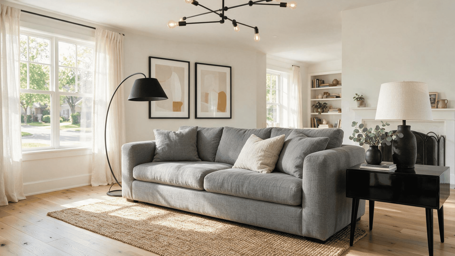 grey sofa with black lighting side table and framed artwork in a modern living room