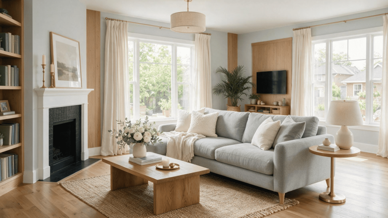 grey sofa with cream, wood, brass, and earthy accents in a modern living room