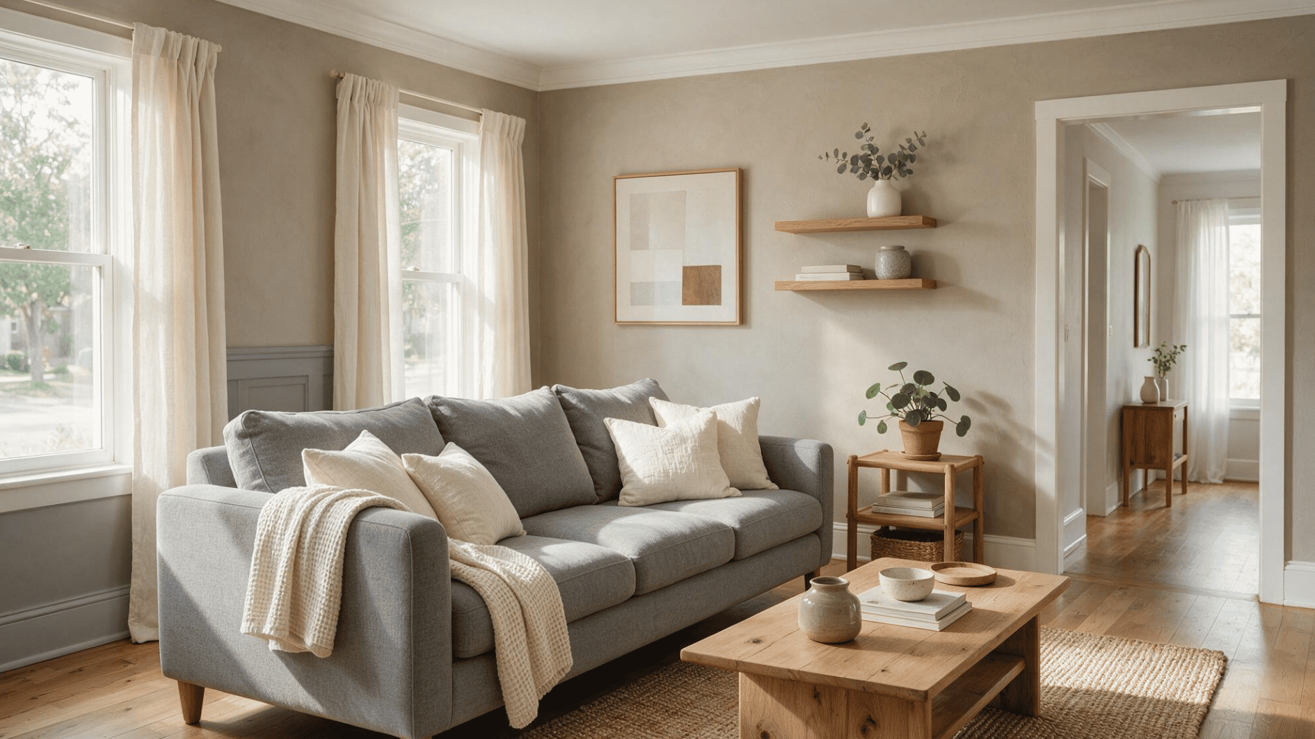 grey sofa with warm beige walls, natural wood furniture, and neutral decor in a bright living room (1)