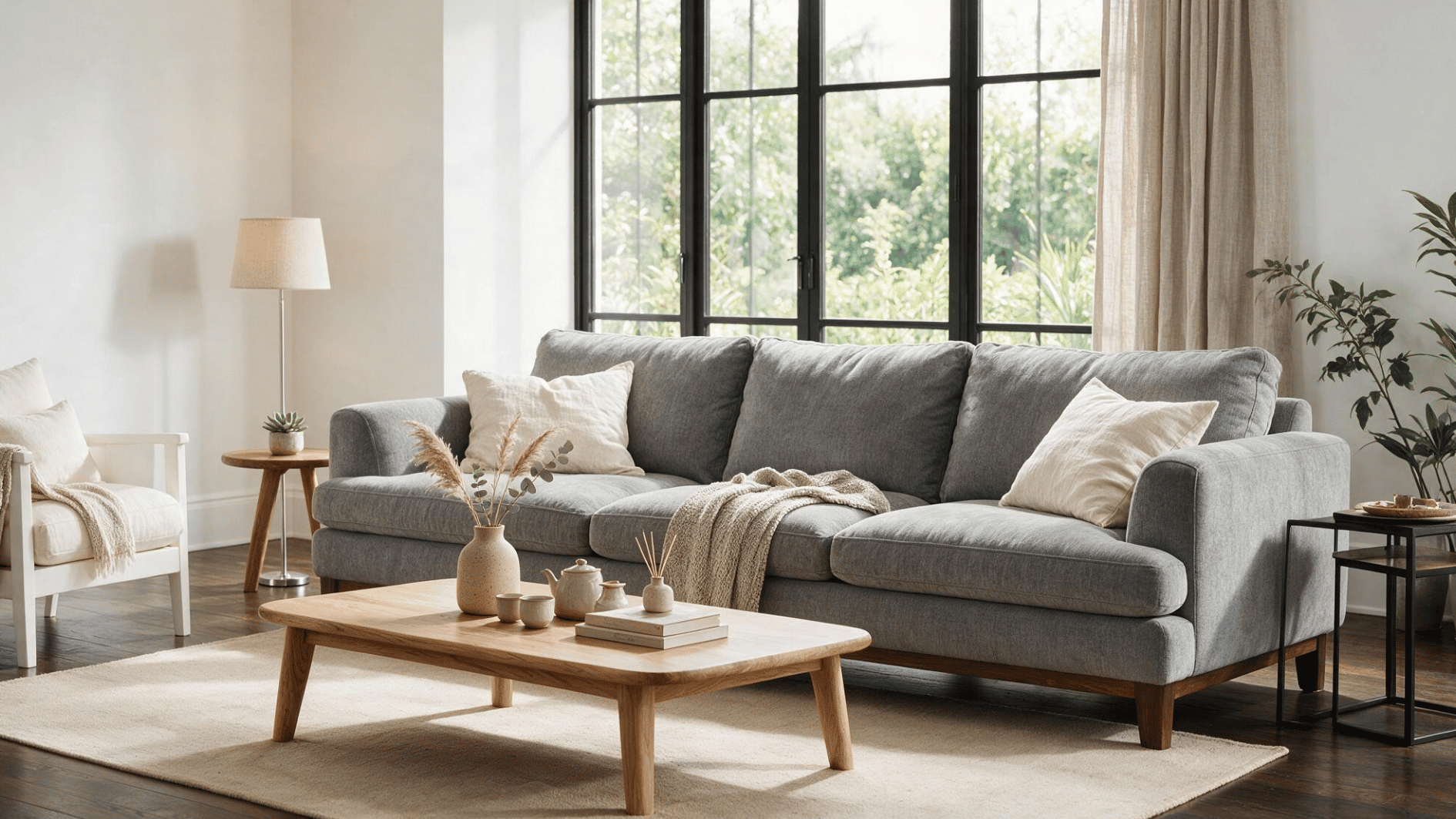 grey sofa with warm white and off-white walls in a bright american living room