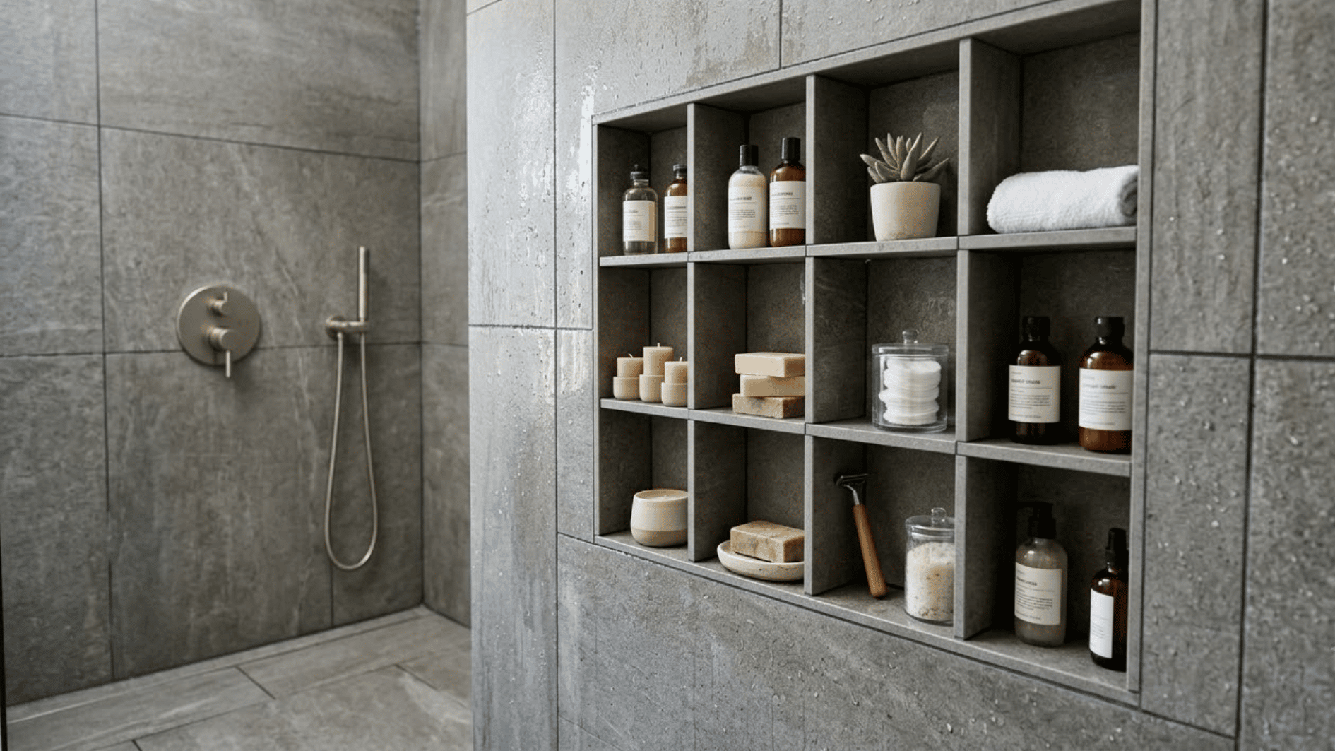 grid pattern shower niche with toiletries and candles inside a modern open tiled shower wall