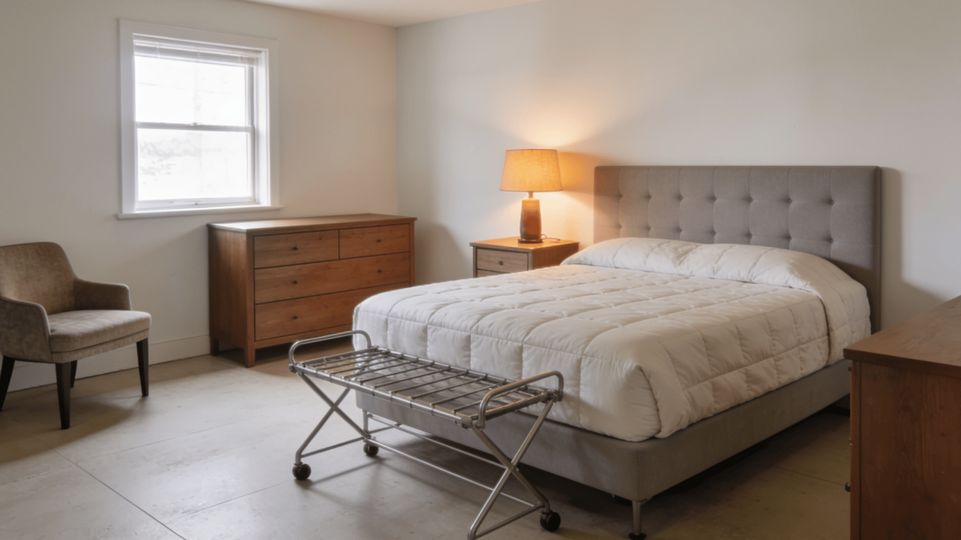 guest bedroom with comfortable bed, nightstand with lamp, dresser, luggage rack, and small chair