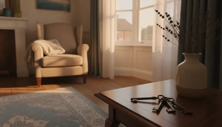 Cozy living room corner with beige armchair, wooden table, vintage keys, and vase on sunny afternoon