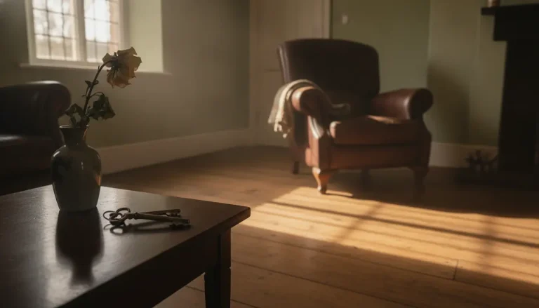 Vase with dried flower on wooden table in sunlit living room with leather armchair