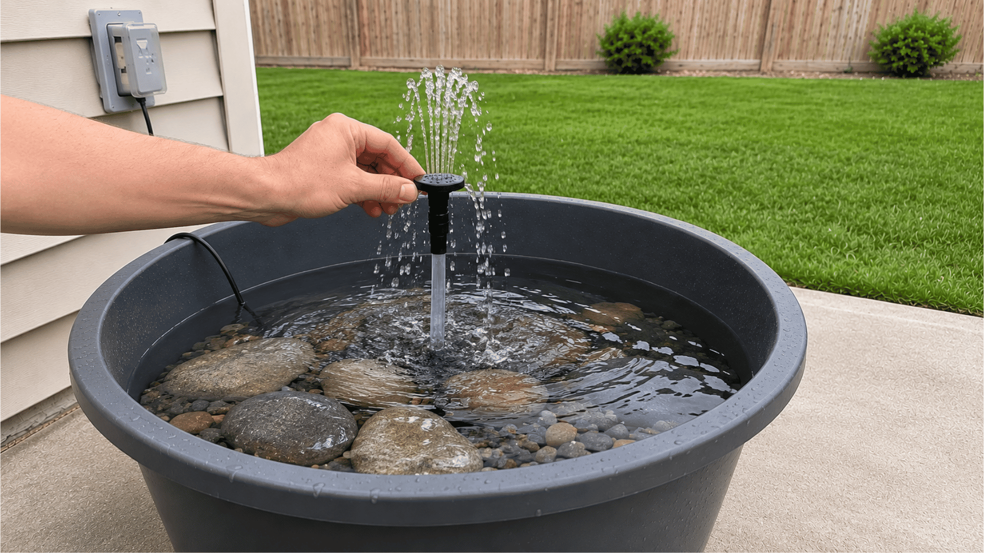 hand adjusting fountain nozzle bubbling in black tub with stones and backyard lawn