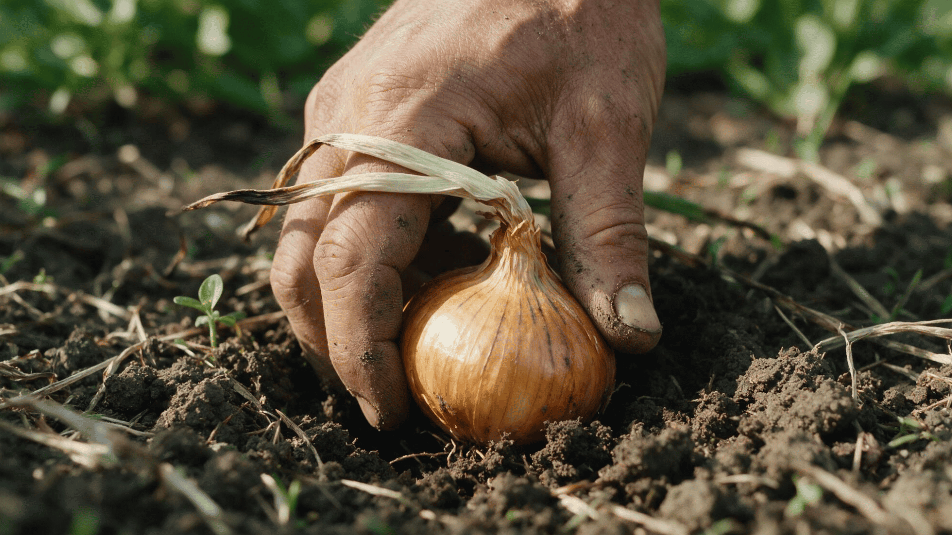 hand carefully lifting an onion bulb out of the soil