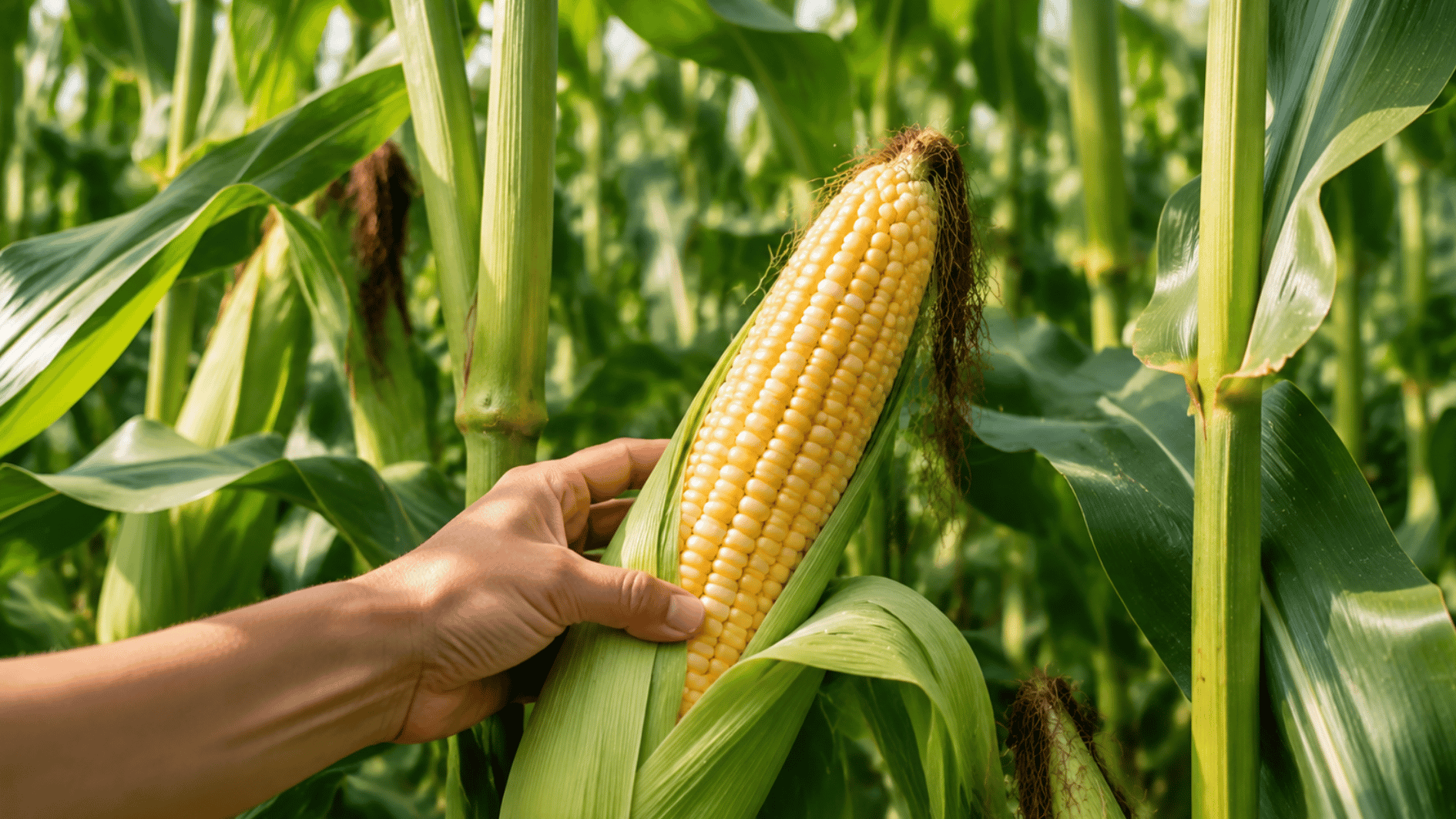 hand checking a ripe ear of sweet corn with plump kernels and brown silks before picking it from the stalk