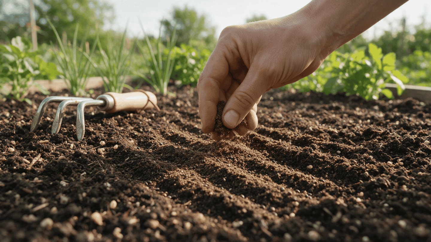 Hand covering amaranth seeds with fine soil in a prepared garden bed.
