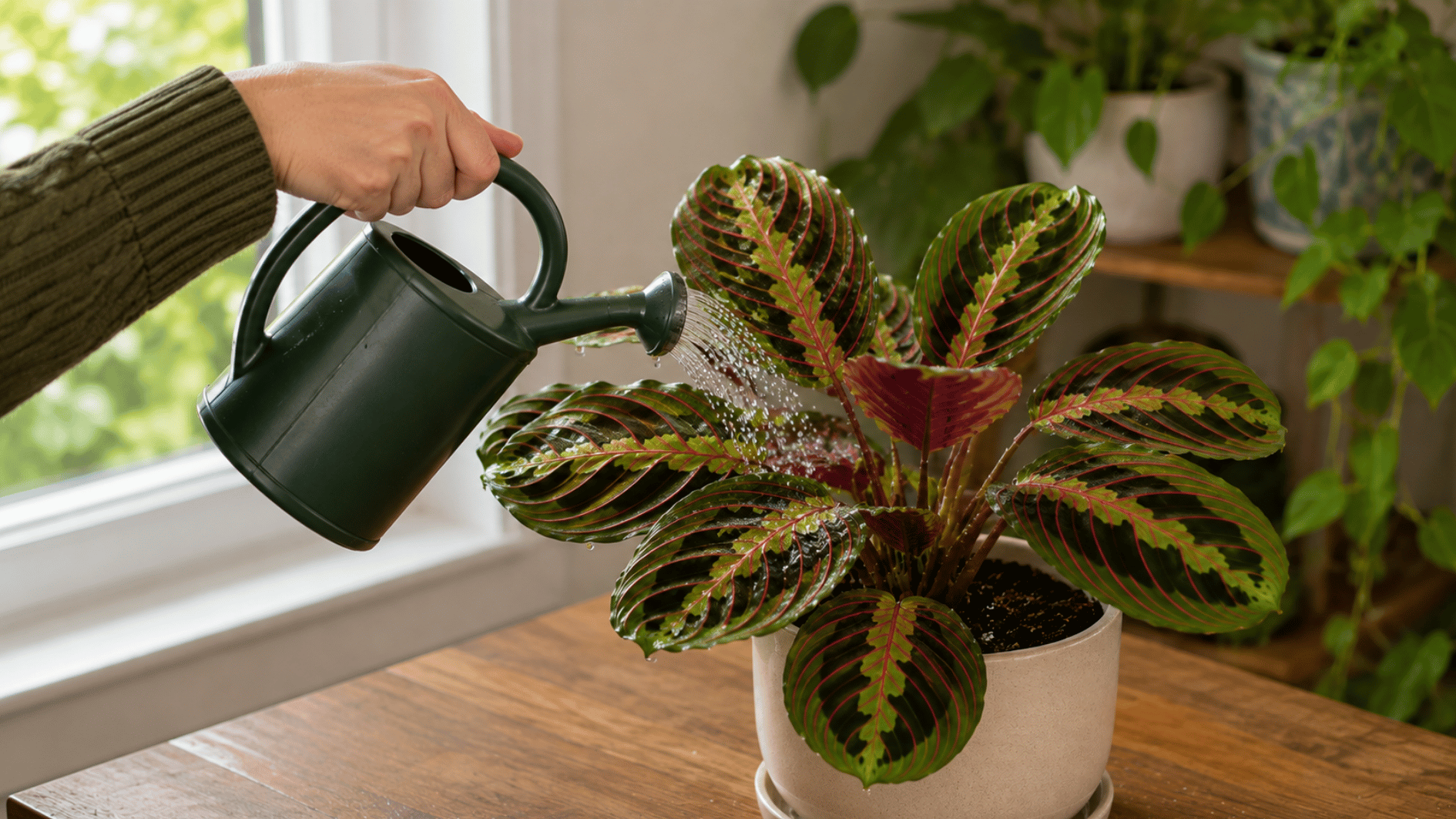 hand gently watering a healthy prayer plant indoors with a watering can near a bright window