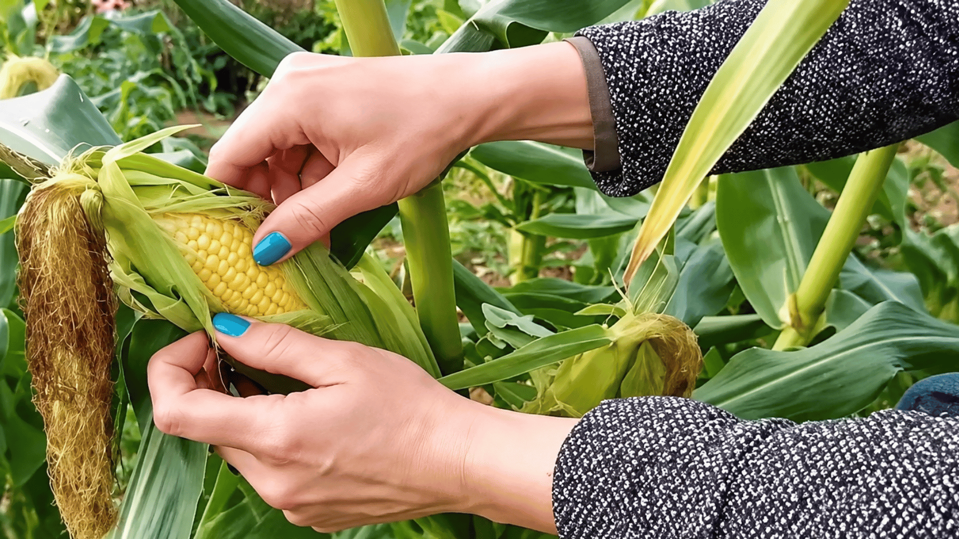 hand pressing a plump corn kernel to check for milky liquid and confirm the ear is ready to pick