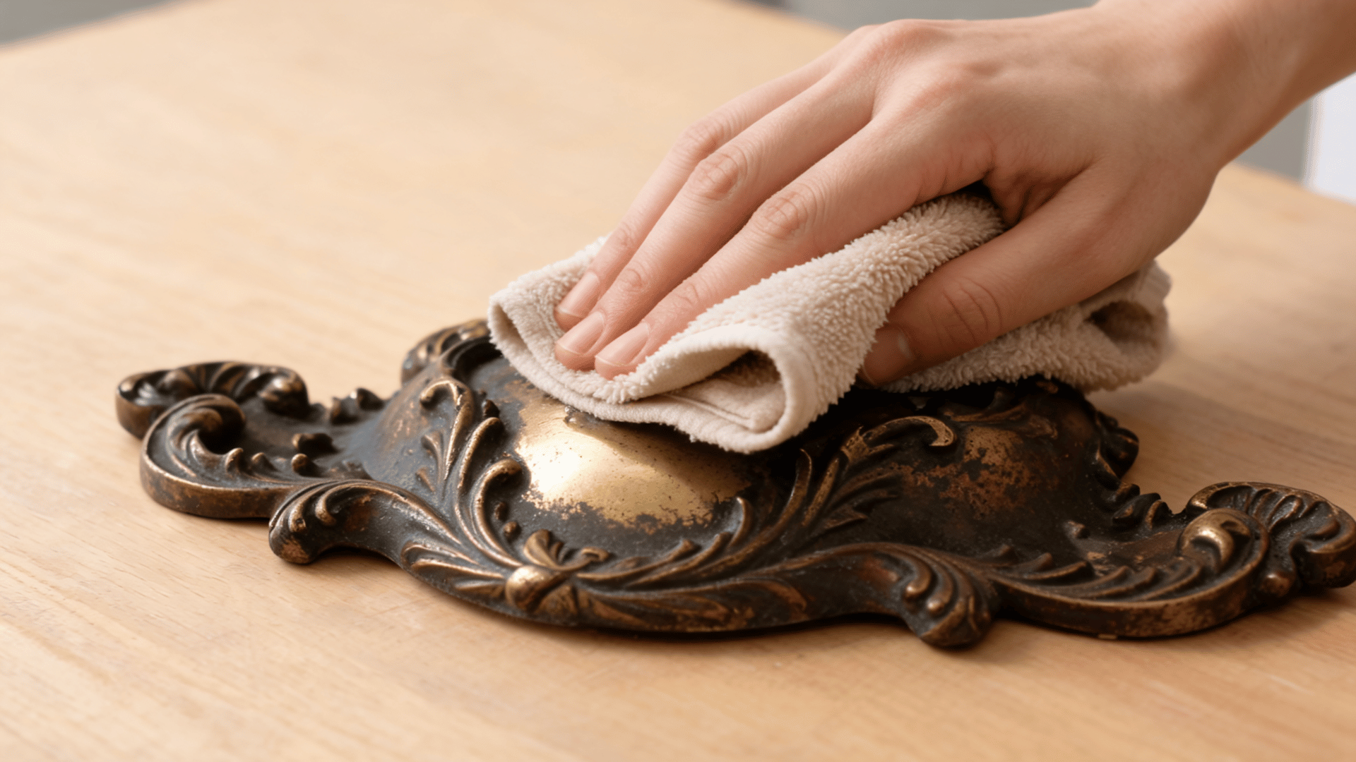 Hand testing cleaning solution on a hidden spot of an antique brass candlestick before cleaning