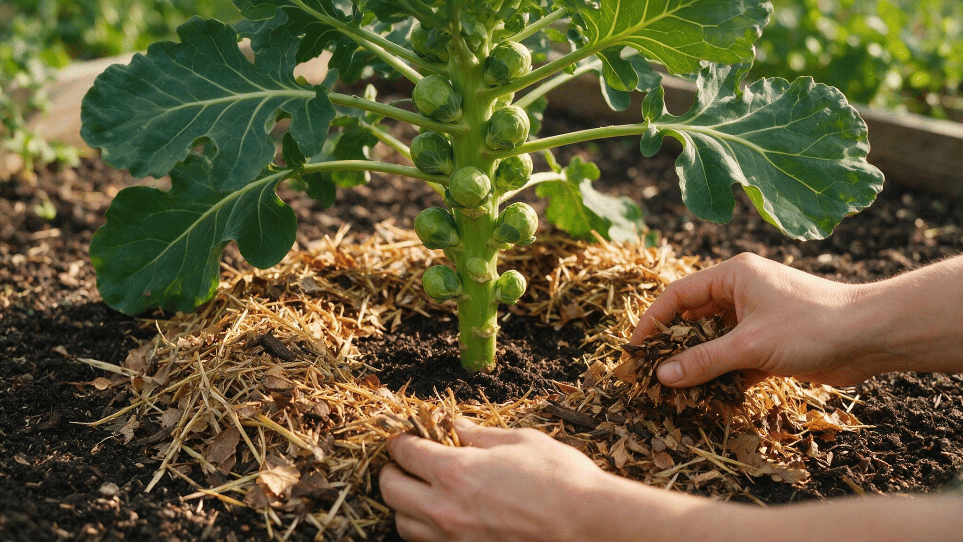 hands adding straw and leaf mulch around a brussels sprout plant growing in rich garden soil with sprouts on the stalk
