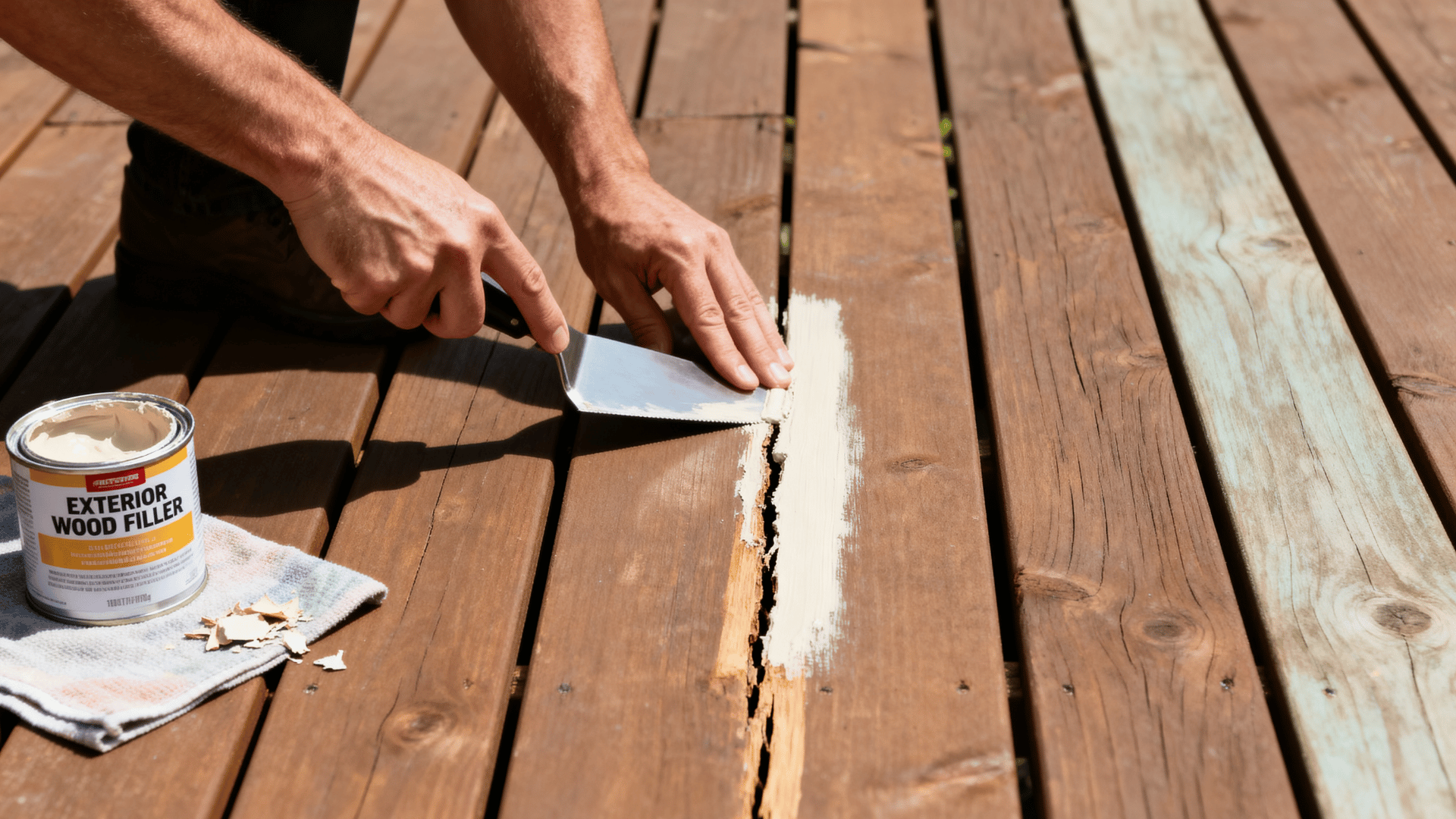 hands apply exterior wood filler to a long crack in brown deck boards beside an open filler can outdoors today