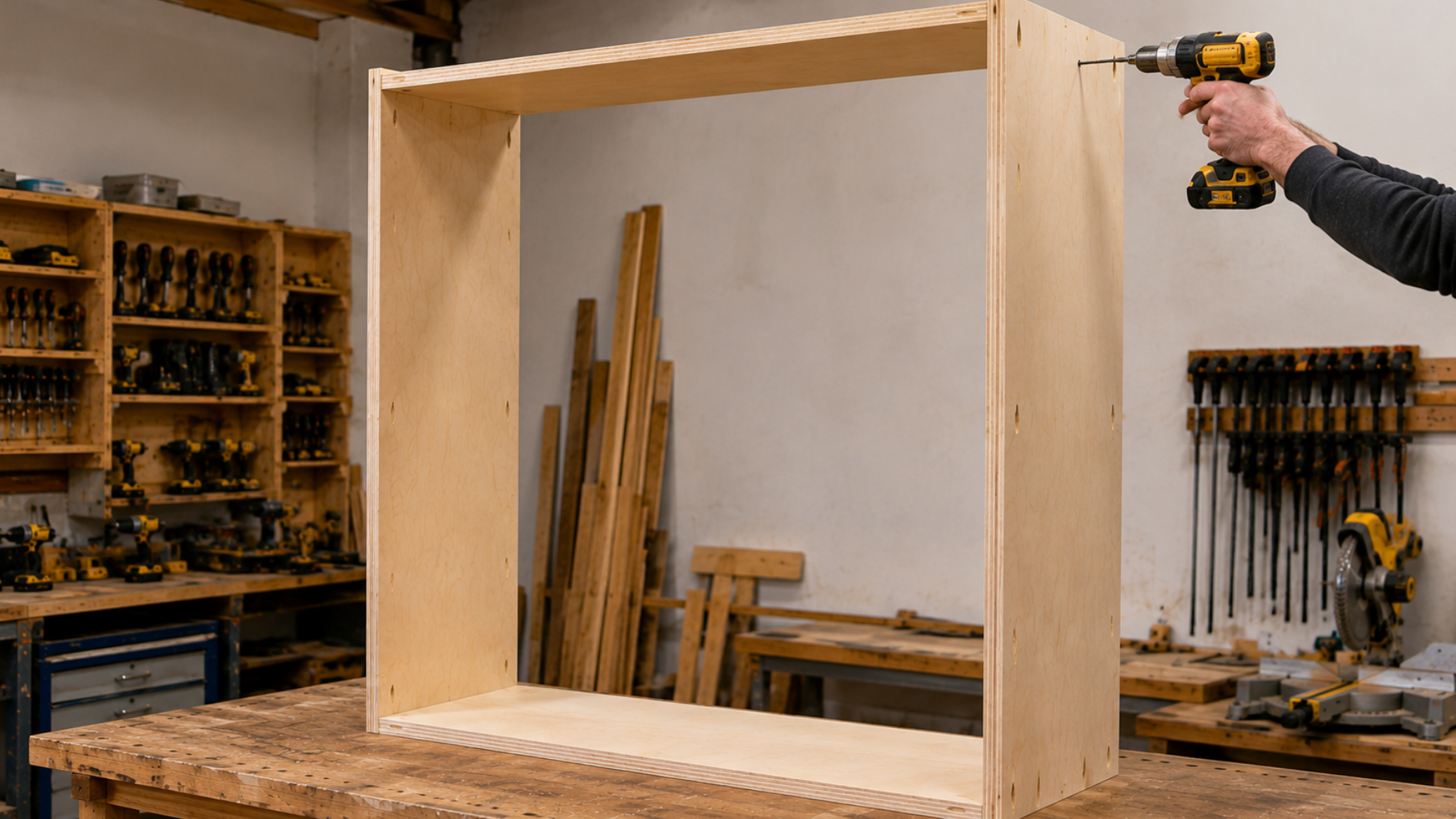 hands assembling a wooden outer shelf frame with a cordless drill, wood glue, screws, and speed square on a workshop bench (1)