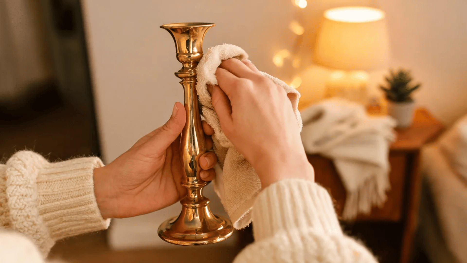 Hands buffing a brass candlestick with a dry cloth to restore its bright natural shine