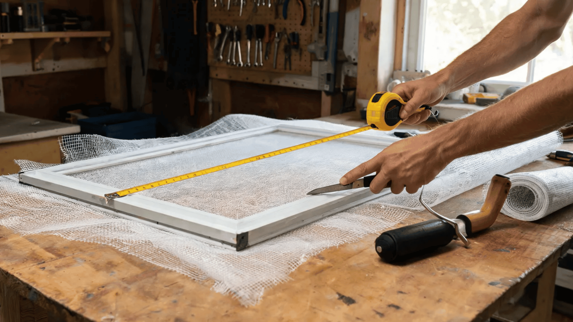 Hands cutting screen mesh while showing how to repair screen door with a measuring tape and frame.