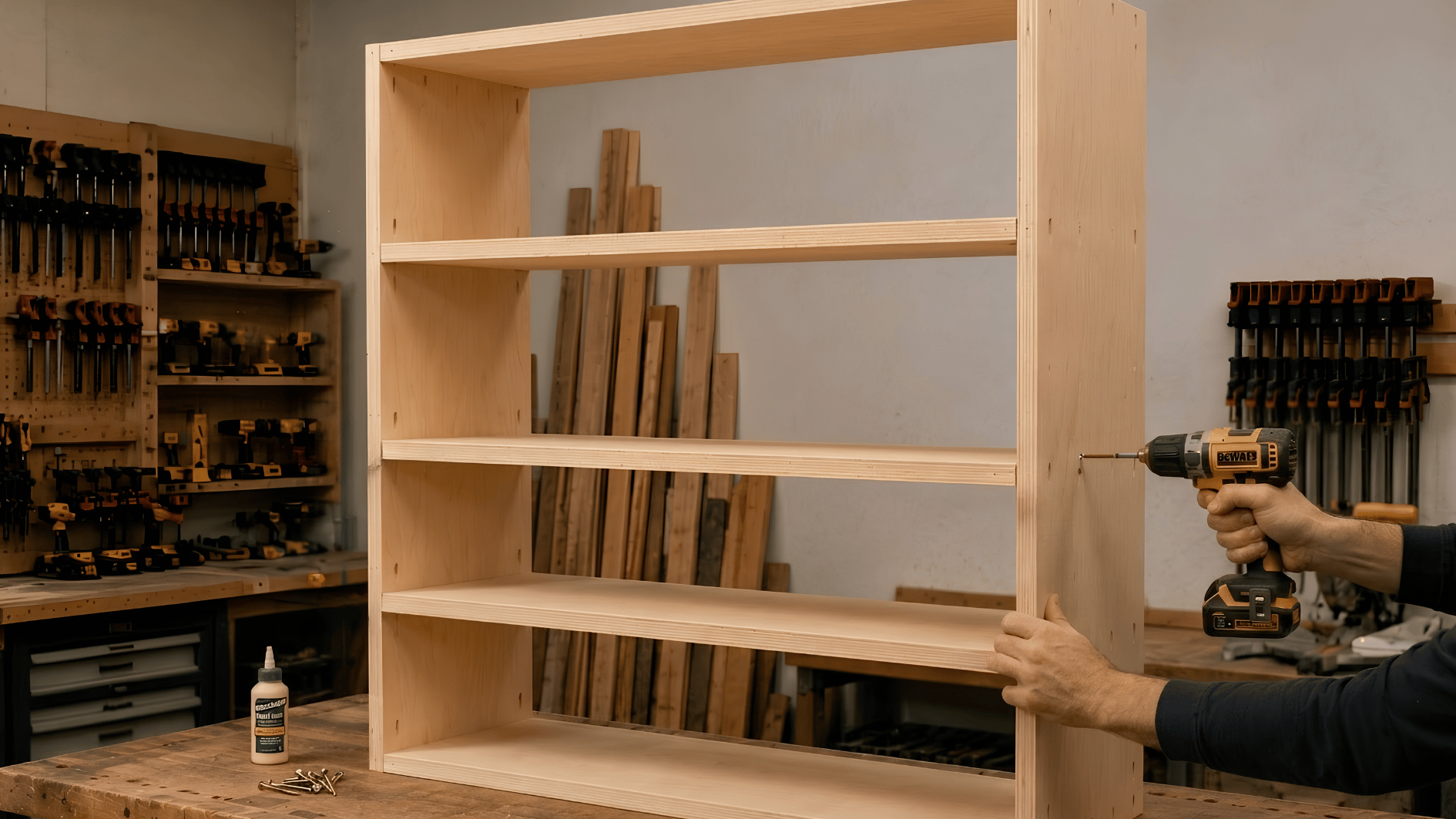 hands drilling screws into a plywood bookshelf frame in a woodworking workshop