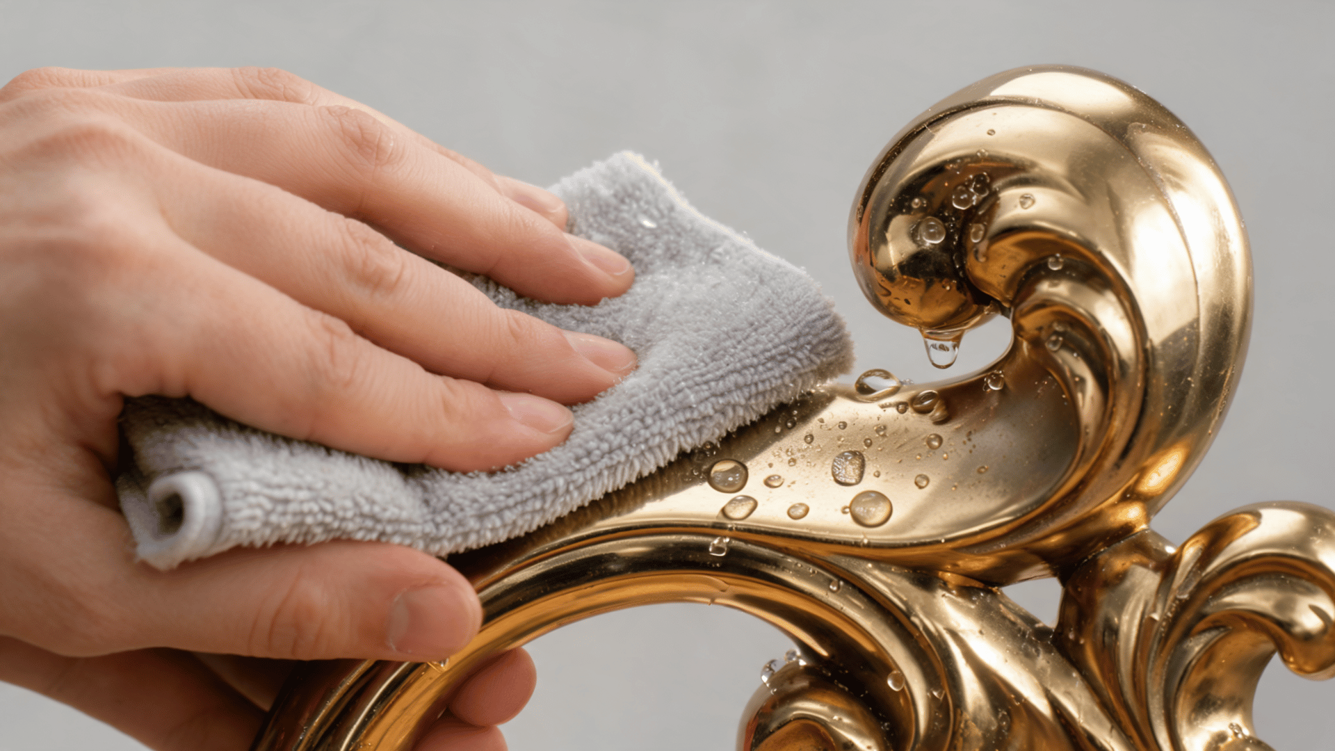 Hands drying a polished brass vase thoroughly with a clean dry microfiber cloth after washing