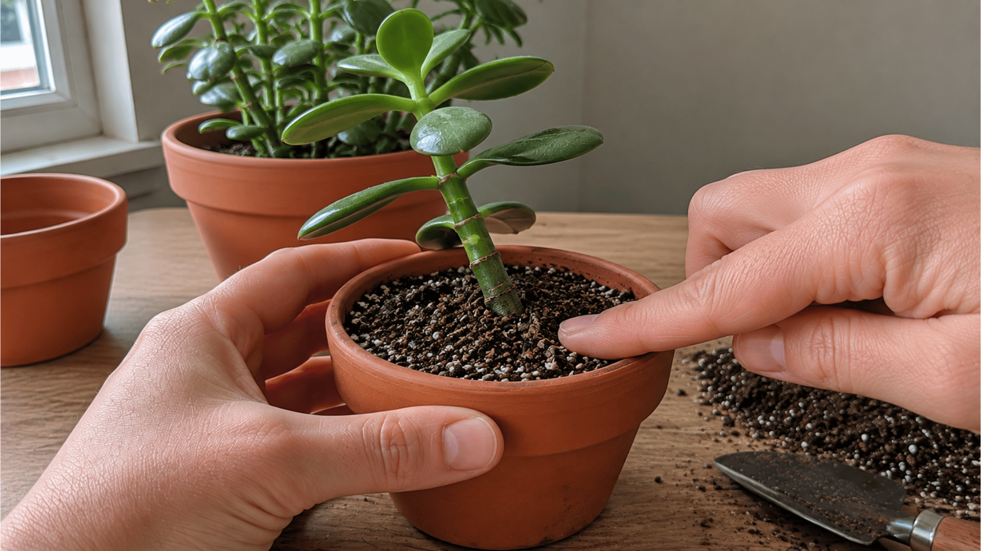 hands gently checking soil moisture around a small potted jade plant cutting
