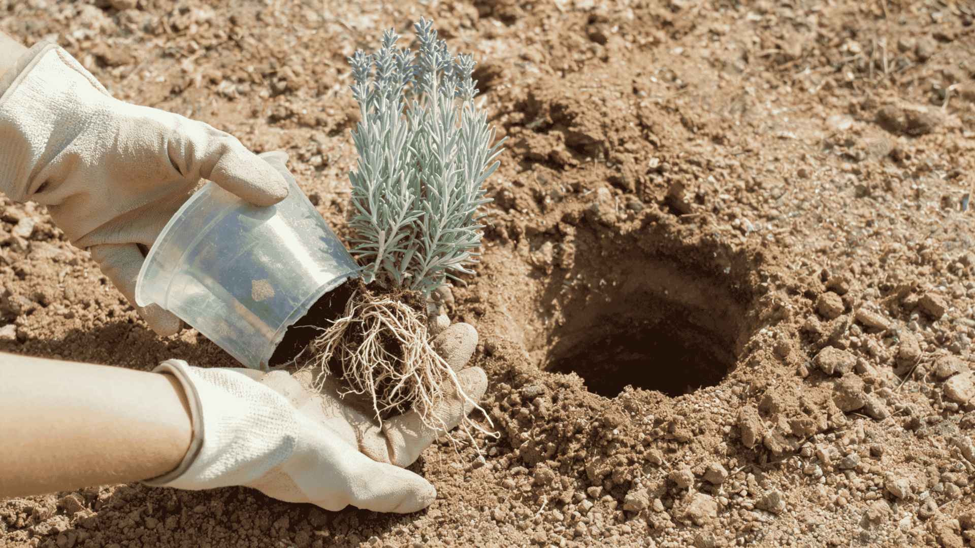 Hands gently loosening lavender plant roots before placing it into a prepared garden planting hole