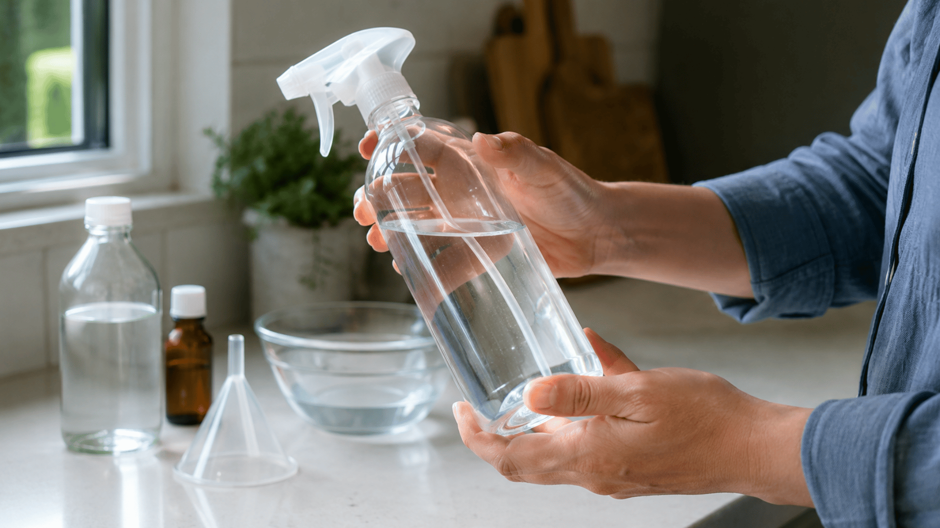 Hands gently mixing a diy window cleaner solution inside a clear spray bottle.