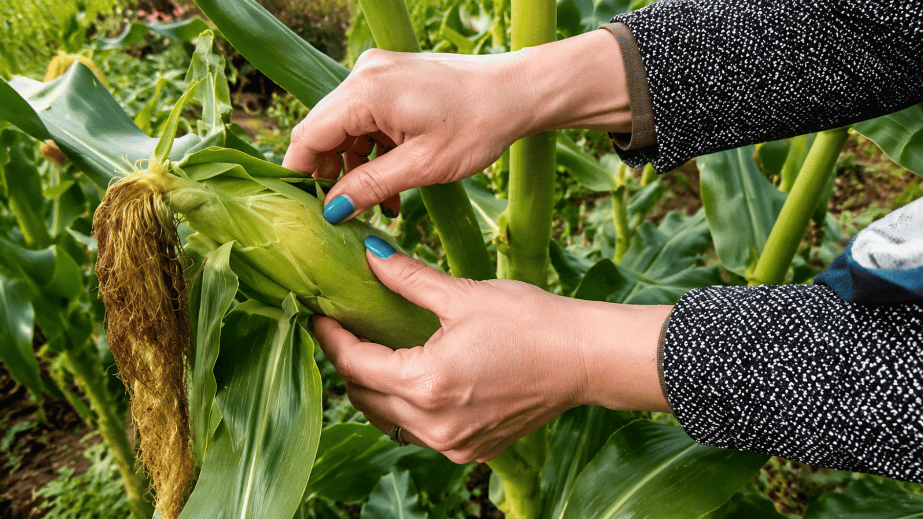 hands gently peeling back a green corn husk to inspect the developing kernels before harvesting