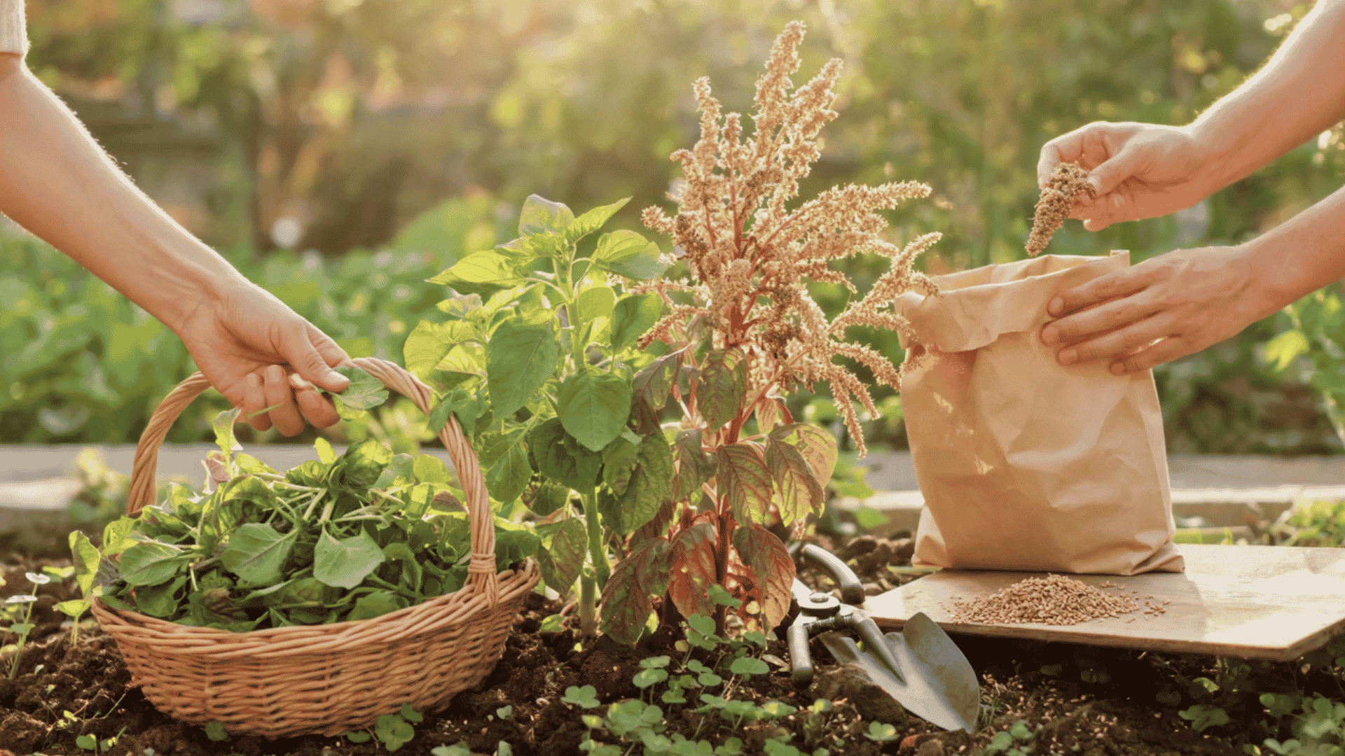 Hands harvesting fresh amaranth leaves and seeds in a sunny garden with basket and paper bag.