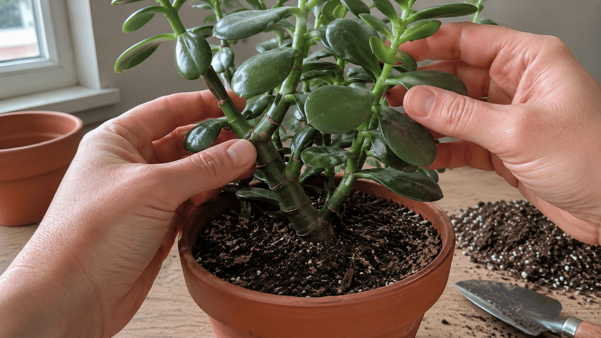 hands inspecting a healthy potted jade plant with thick stems before taking a cutting
