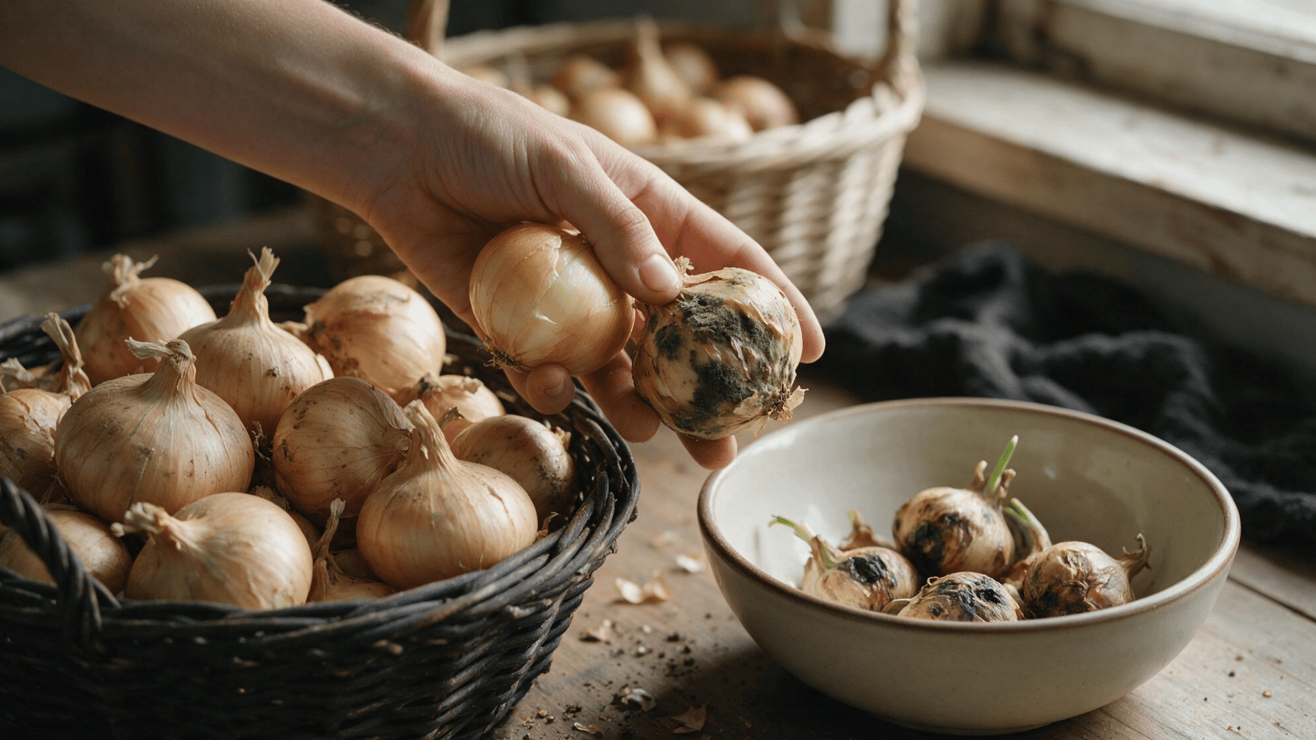 hands inspecting and sorting onions for damage or bruising