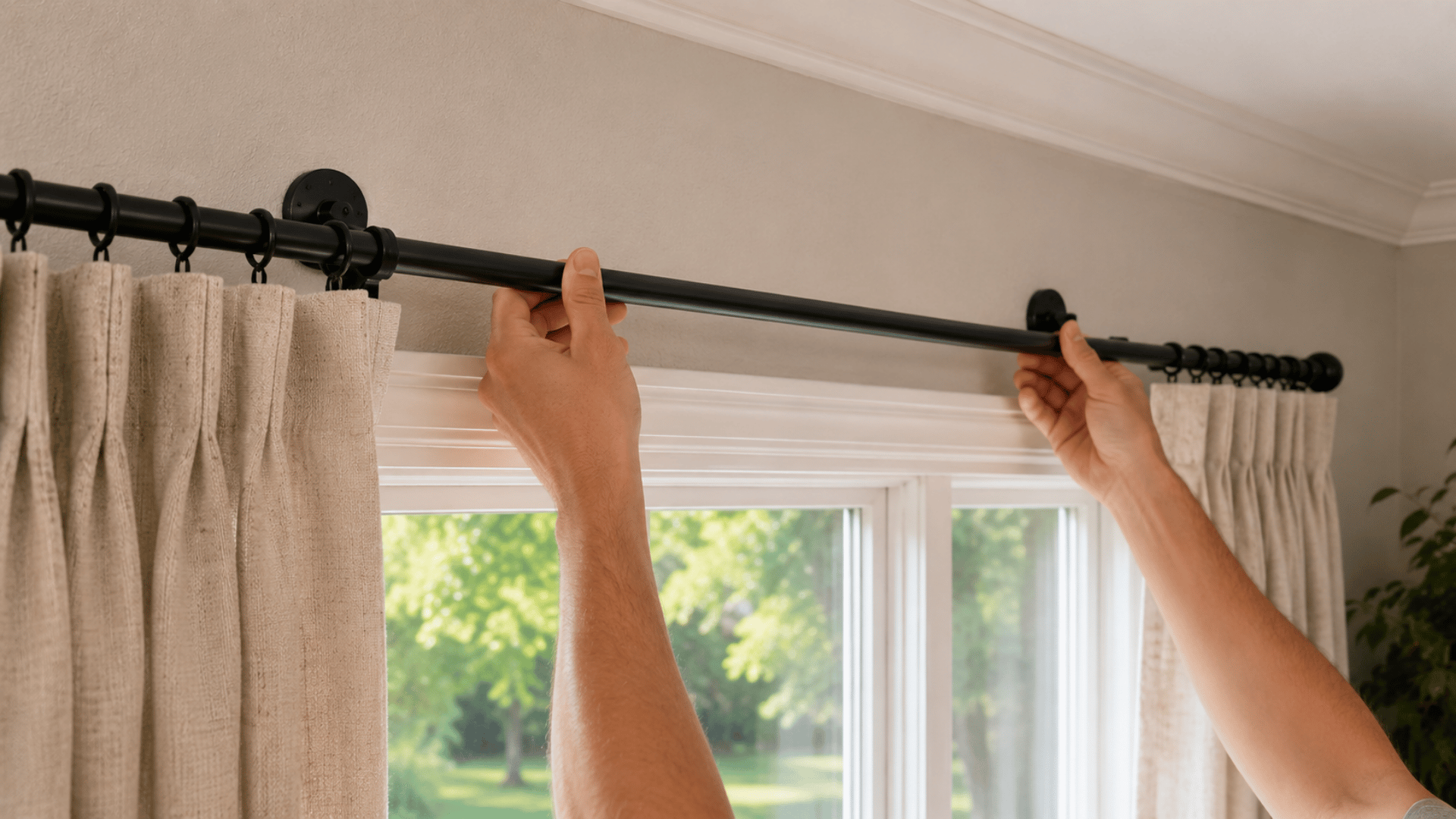hands installing black curtain rod above window with beige curtains hanging