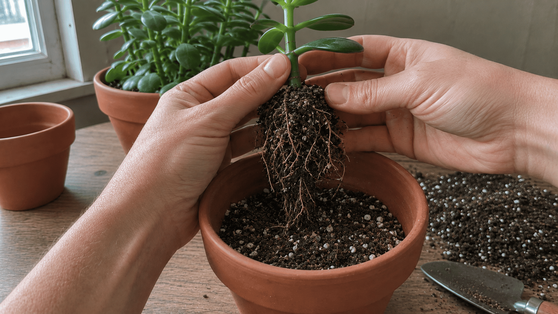 hands moving a rooted jade plant cutting with visible roots into a new pot