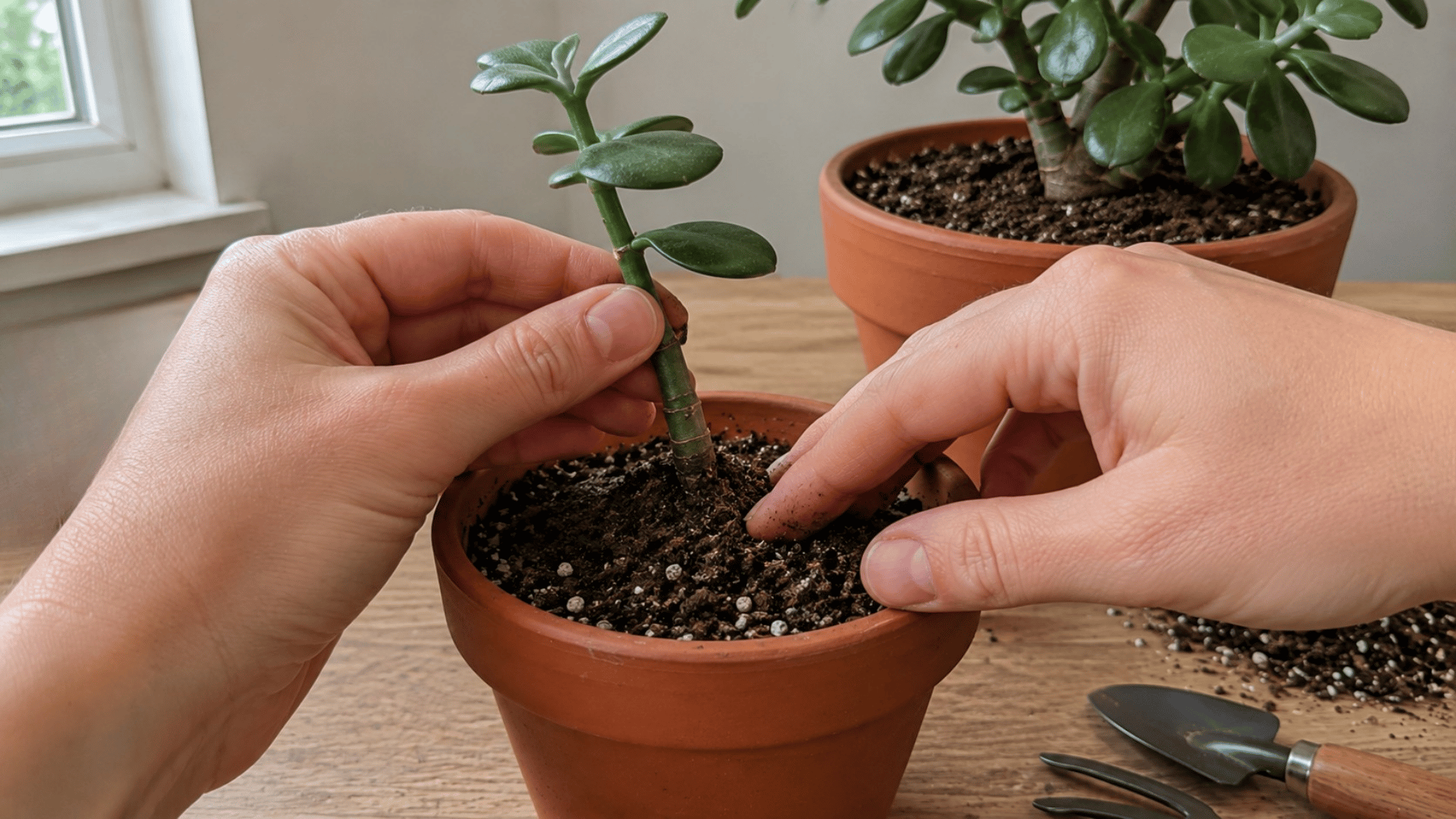 hands planting a jade plant stem cutting into a small pot of succulent soil mix