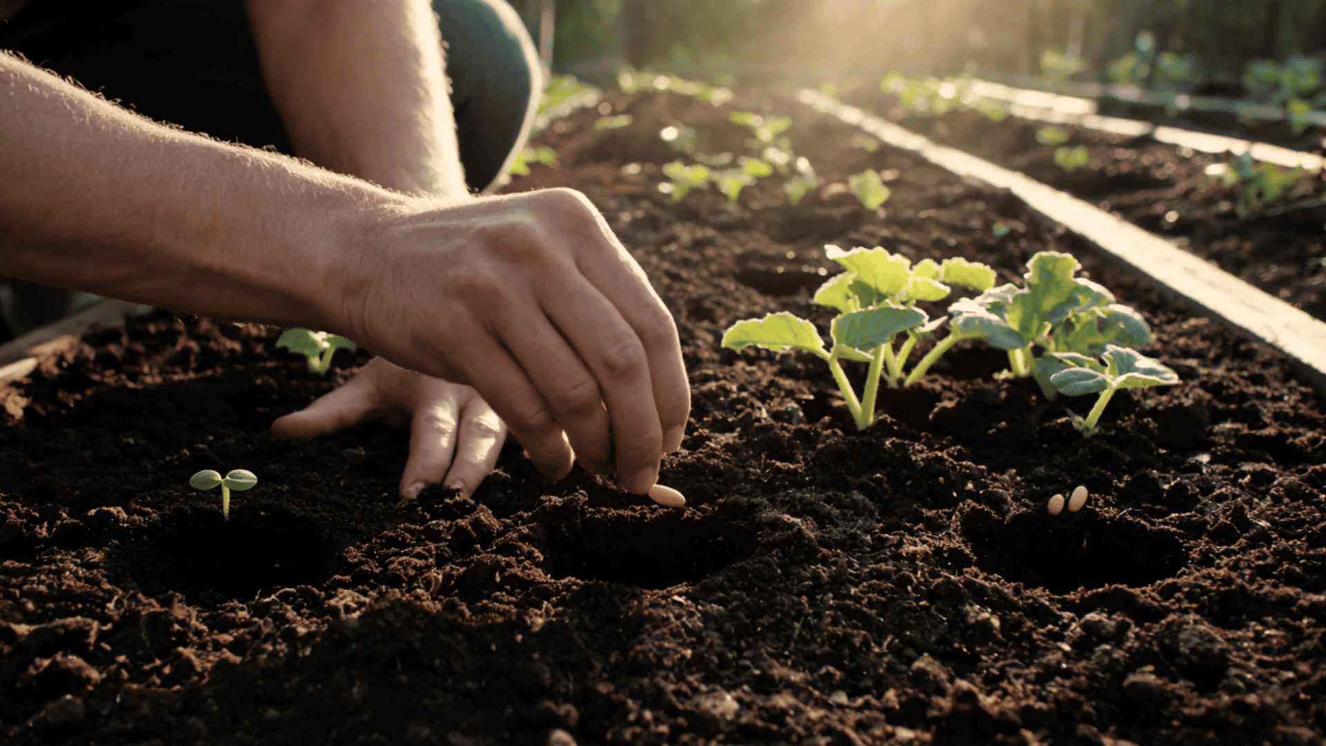 Hands planting cantaloupe seeds in prepared garden soil with young seedlings in a vegetable bed.