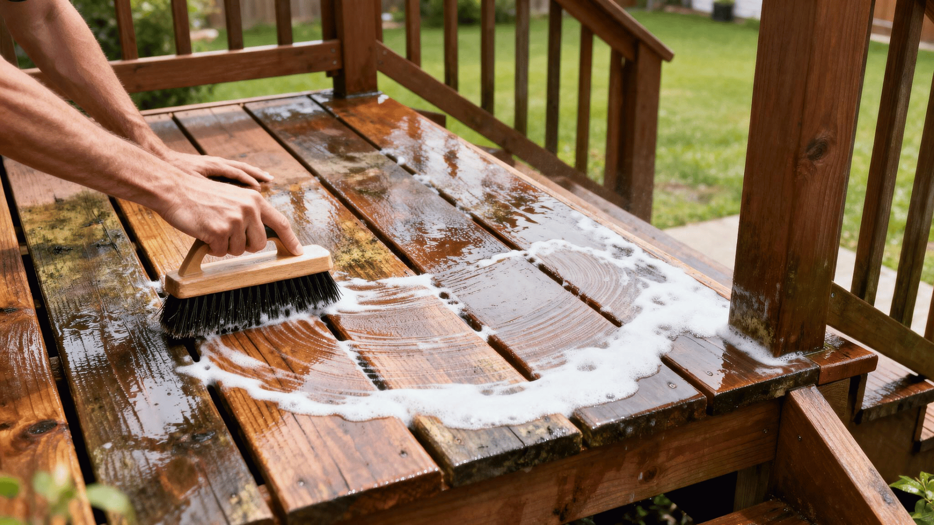 hands scrub foamy deck cleaner across wet wooden boards beside railings during outdoor deck cleaning work task (1)